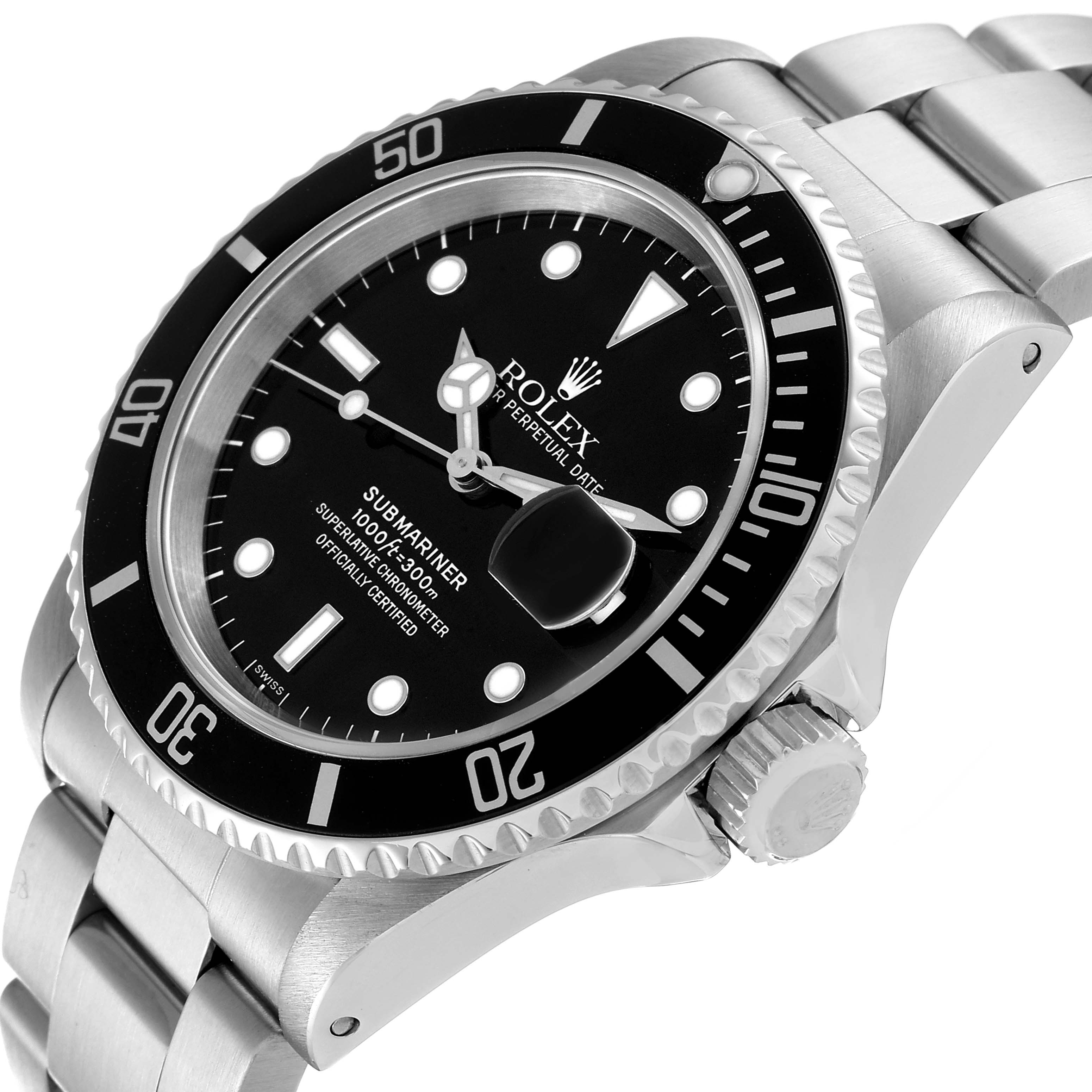 The angled image showcases the dial, bezel, crown, and part of the bracelet of the Rolex Submariner 16610 Men
s Stainless Steel Black Dial 16610 Men
s Stainless Steel Black Dial watch.