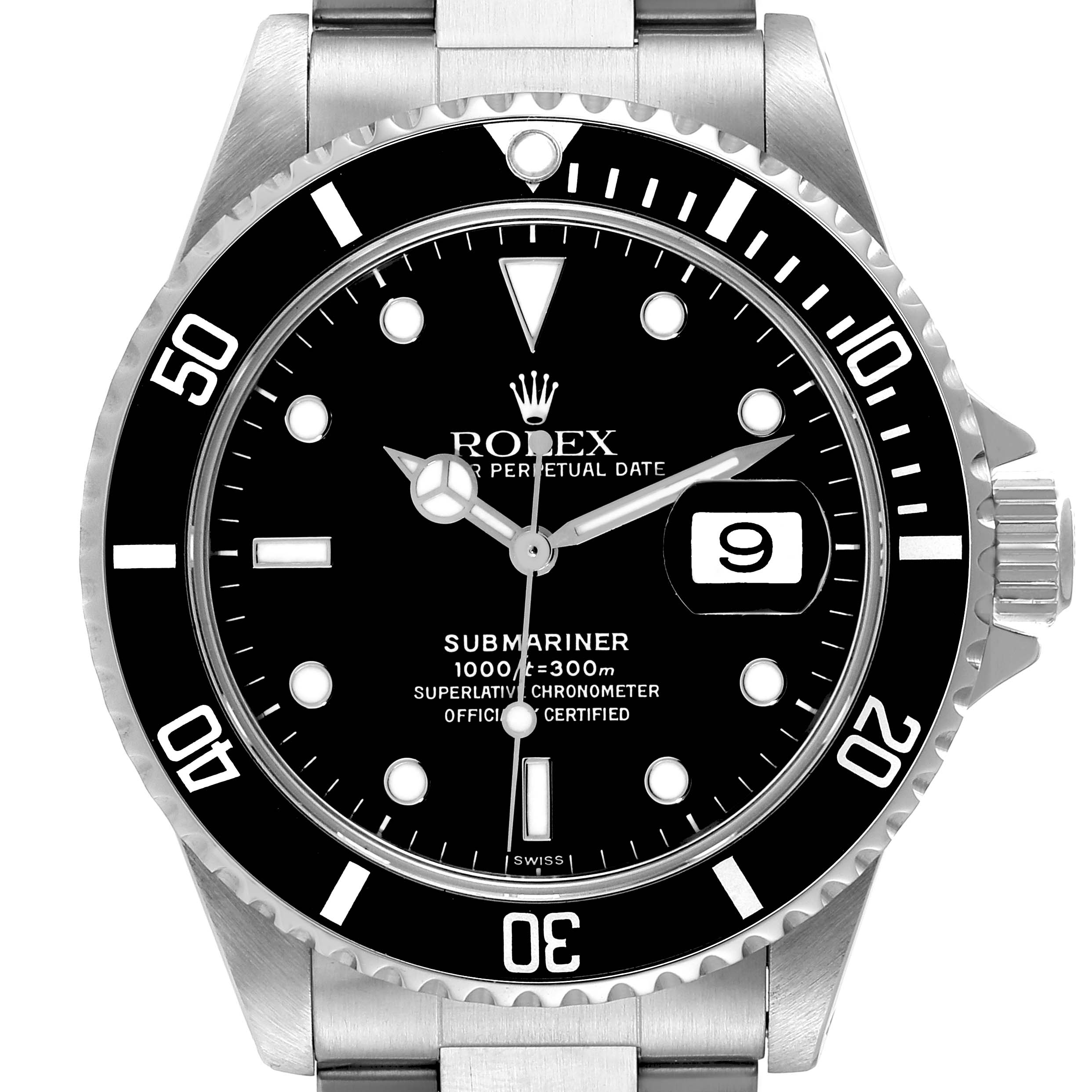 The image shows a front view of a Rolex Submariner 16610 Men
s Stainless Steel Black Dial 16610 Men
s Stainless Steel Black Dial watch, highlighting its black dial, bezel, date window, and stainless steel bracelet.