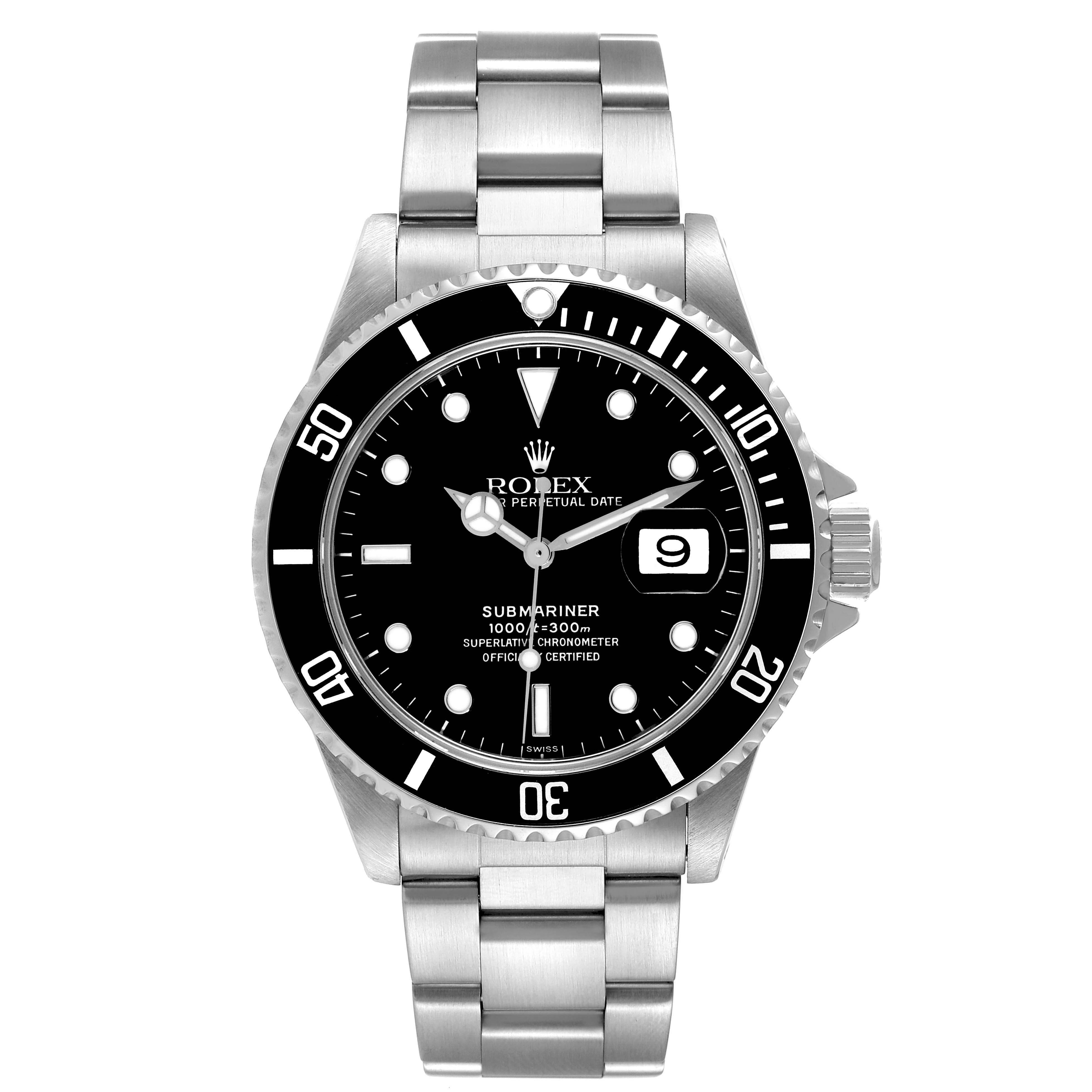 The image shows a front view of the Rolex Submariner 16610 Men
s Stainless Steel Black Dial 16610 Men
s Stainless Steel Black Dial watch, displaying its black dial, bezel, and stainless steel bracelet.
