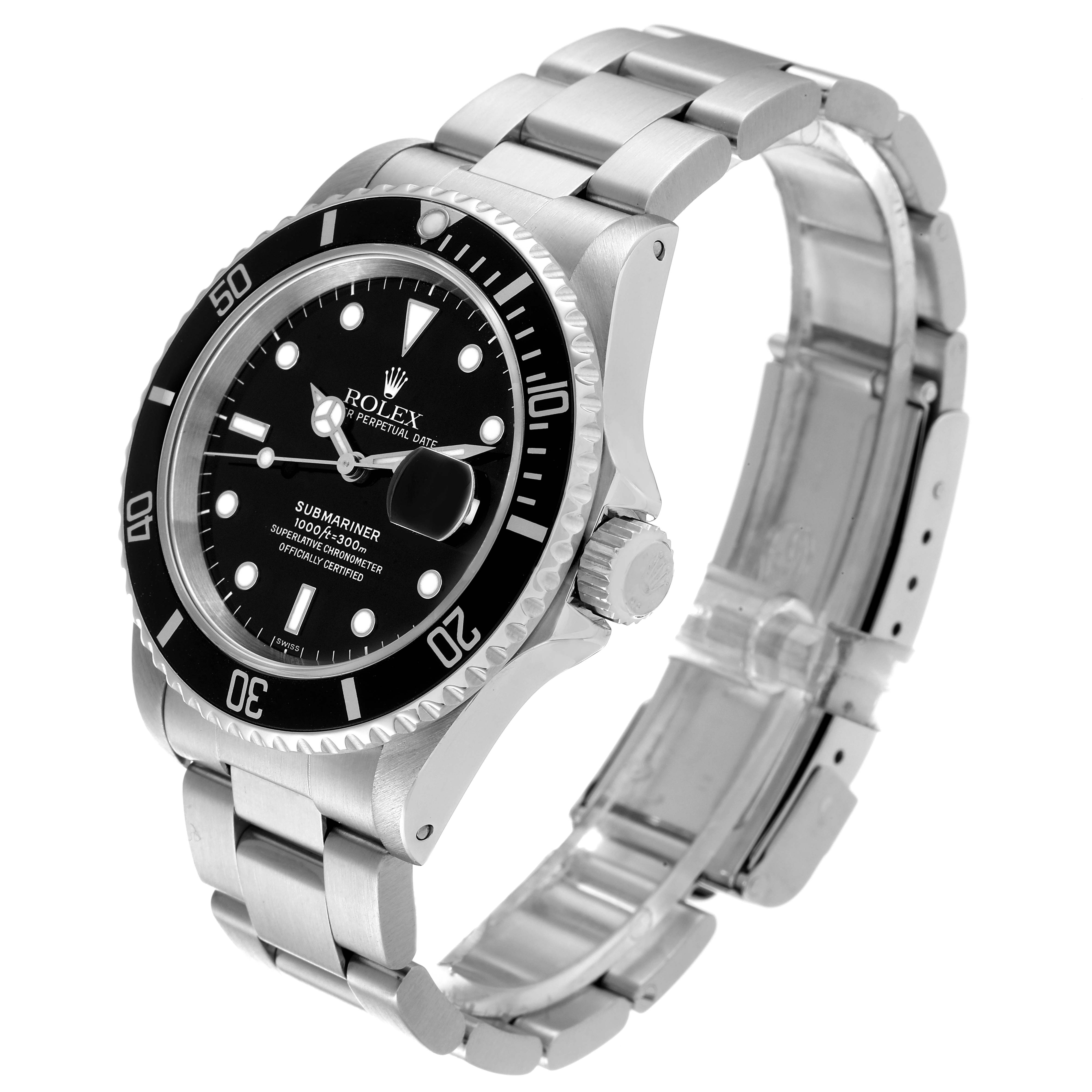 The Rolex Submariner 16610 Men
s Stainless Steel Black Dial 16610 Men
s Stainless Steel Black Dial watch is shown at an angled side view, displaying the face, bezel, crown, and bracelet.