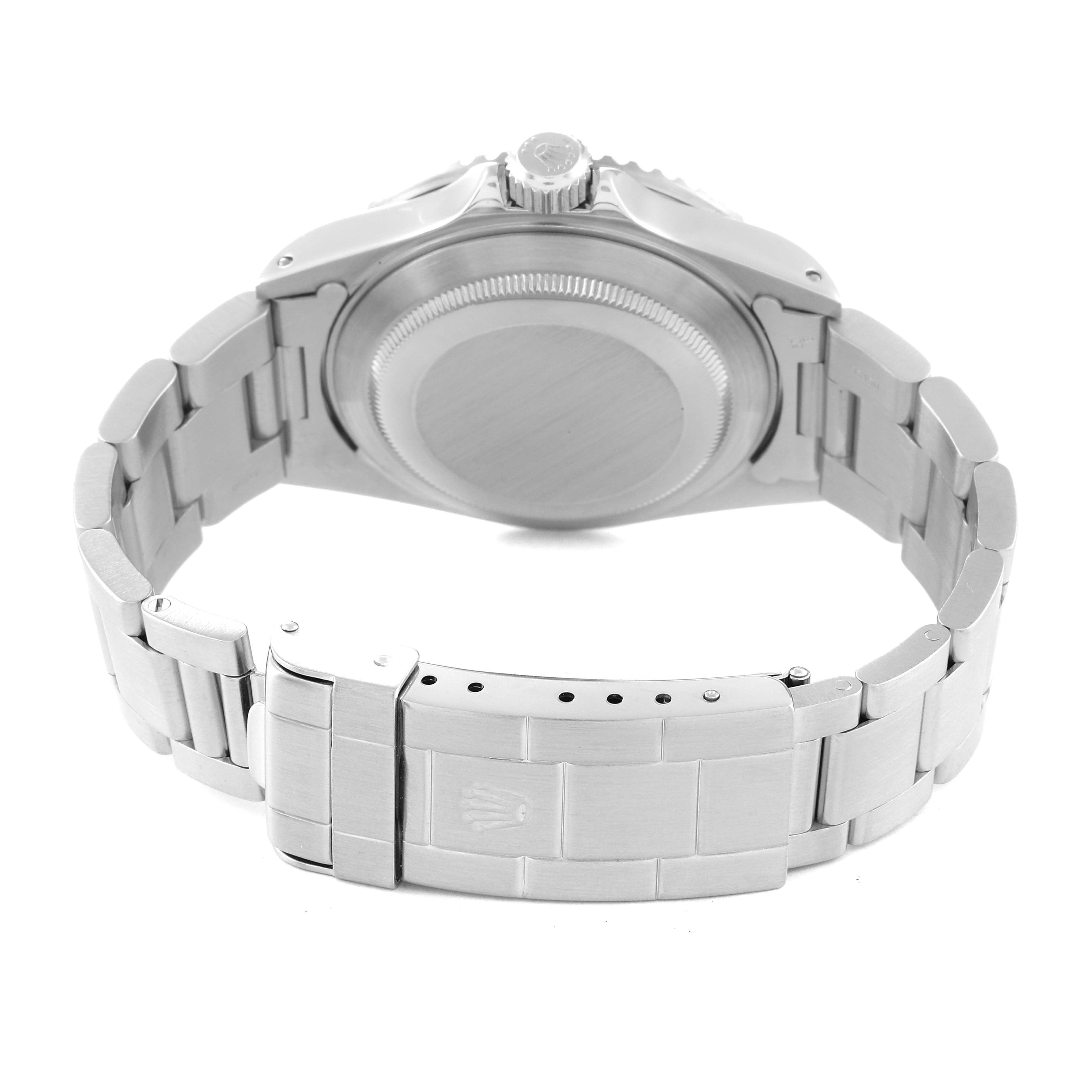 This image shows the back view of a Rolex Submariner 16610 Men
s Stainless Steel Black Dial 16610 Men
s Stainless Steel Black Dial watch, highlighting the case back and bracelet clasp.