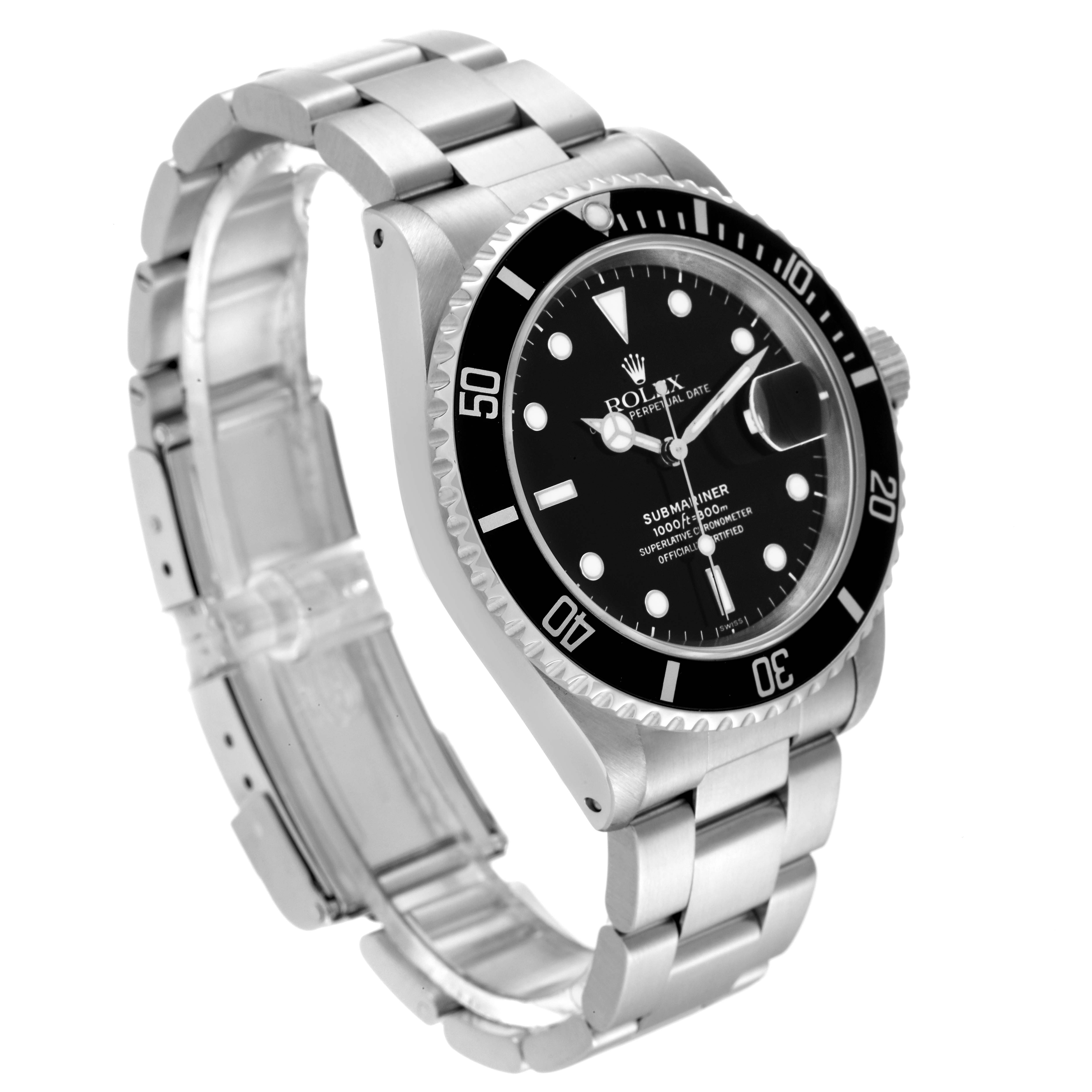 The Rolex Submariner 16610 Men
s Stainless Steel Black Dial 16610 Men
s Stainless Steel Black Dial watch is shown at an angled side view, highlighting the bracelet, case, and black dial.