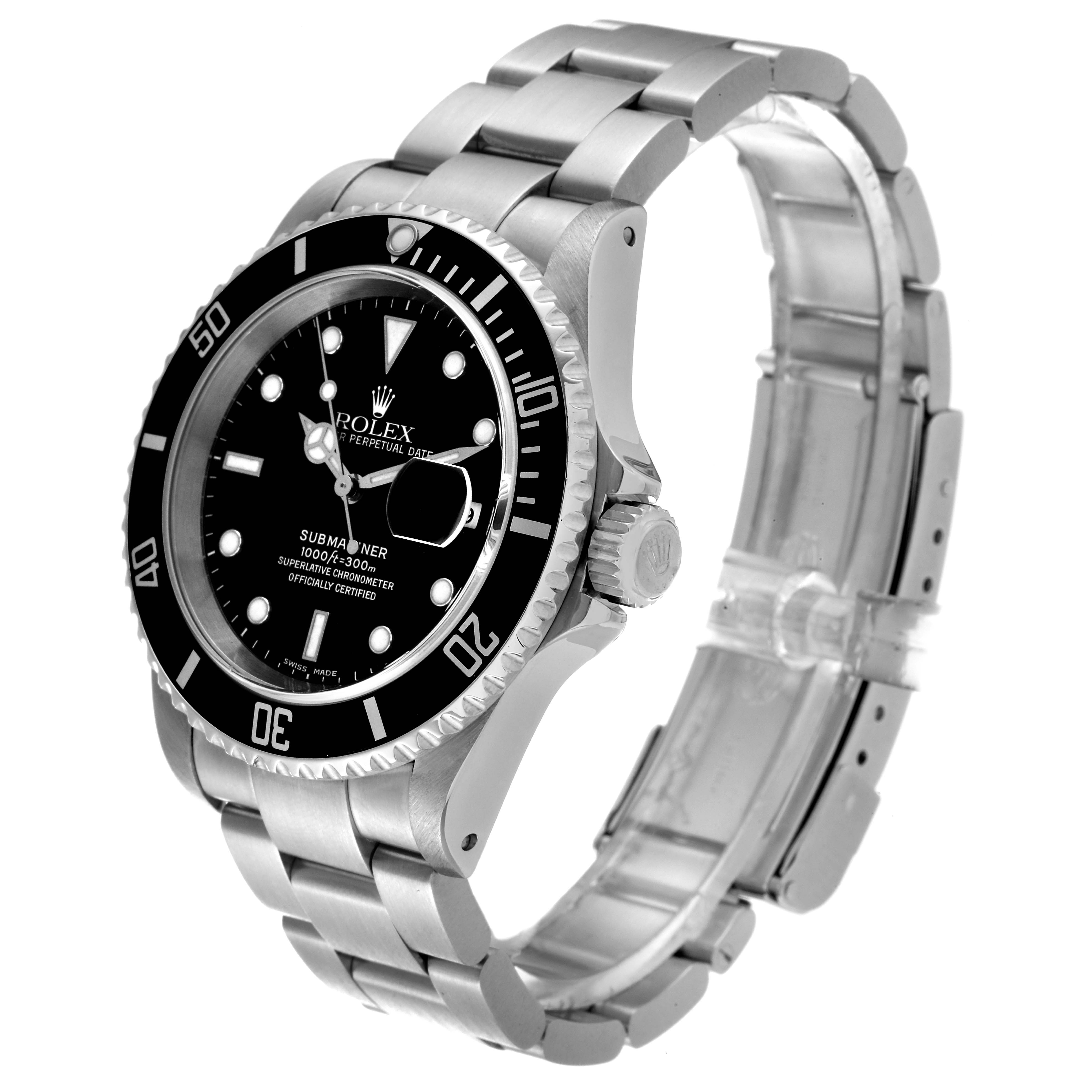 The Rolex Submariner 16610 Men
s Stainless Steel Black Dial 16610 Men
s Stainless Steel Black Dial watch is shown at a three-quarter angle, highlighting its face, bezel, crown, and stainless steel bracelet.