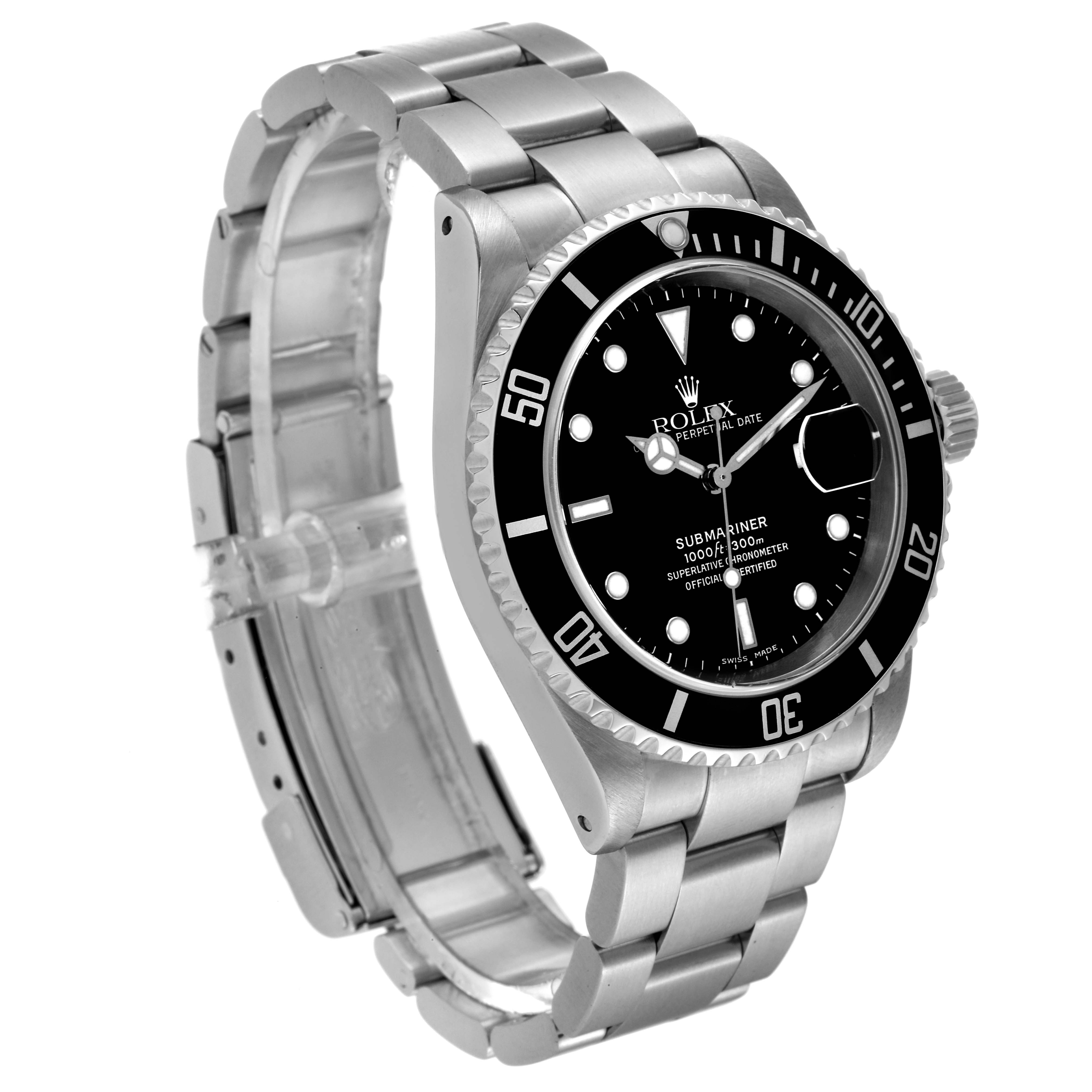 The Rolex Submariner 16610 Men
s Stainless Steel Black Dial 16610 Men
s Stainless Steel Black Dial watch is shown at a three-quarter angle, displaying its face, bezel, case, and bracelet.