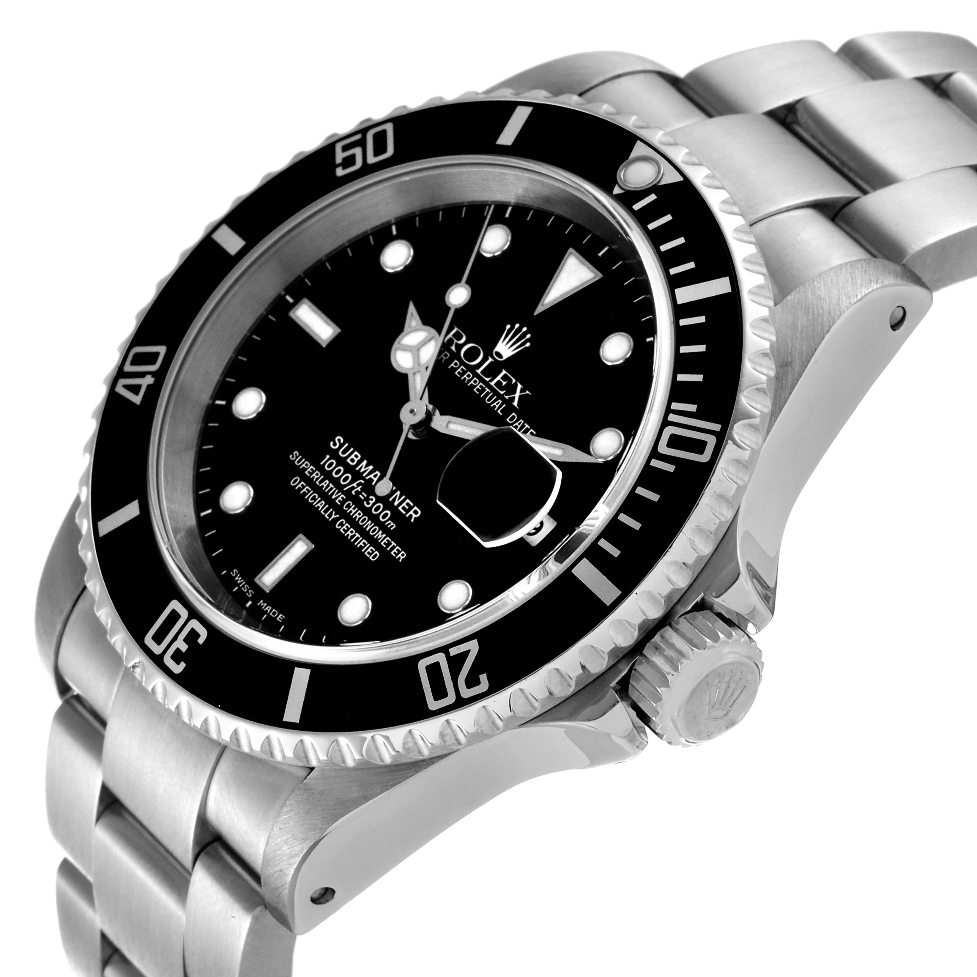 The image shows a side angle of the Rolex Submariner 16610 Men
s Stainless Steel Black Dial 16610 Men
s Stainless Steel Black Dial, highlighting the dial, bezel, crown, and part of the bracelet.