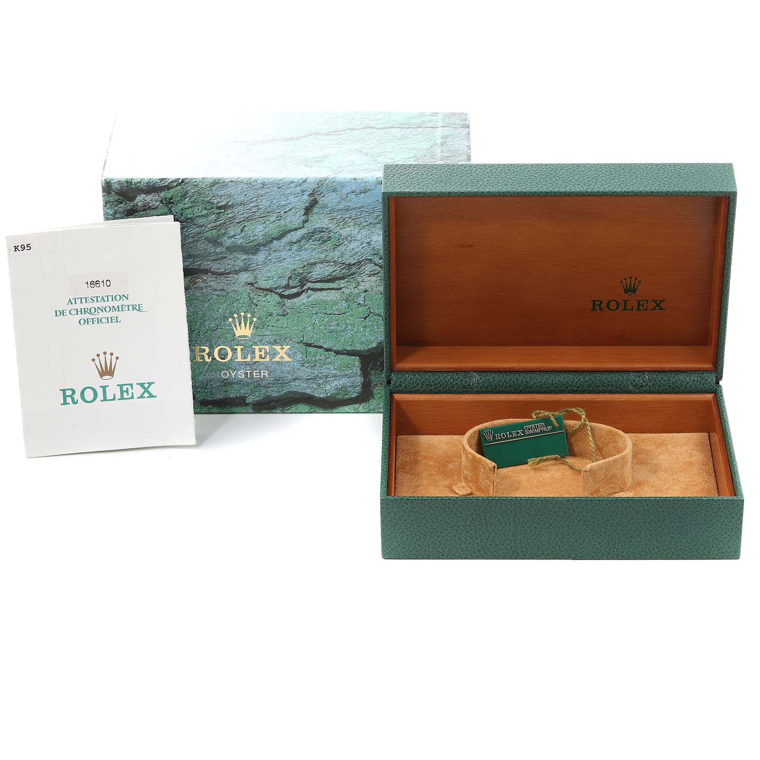 The image shows the packaging, box, and a manual of a Rolex Submariner 16610 Men
s Stainless Steel Black Dial 16610 Men
s Stainless Steel Black Dial watch.