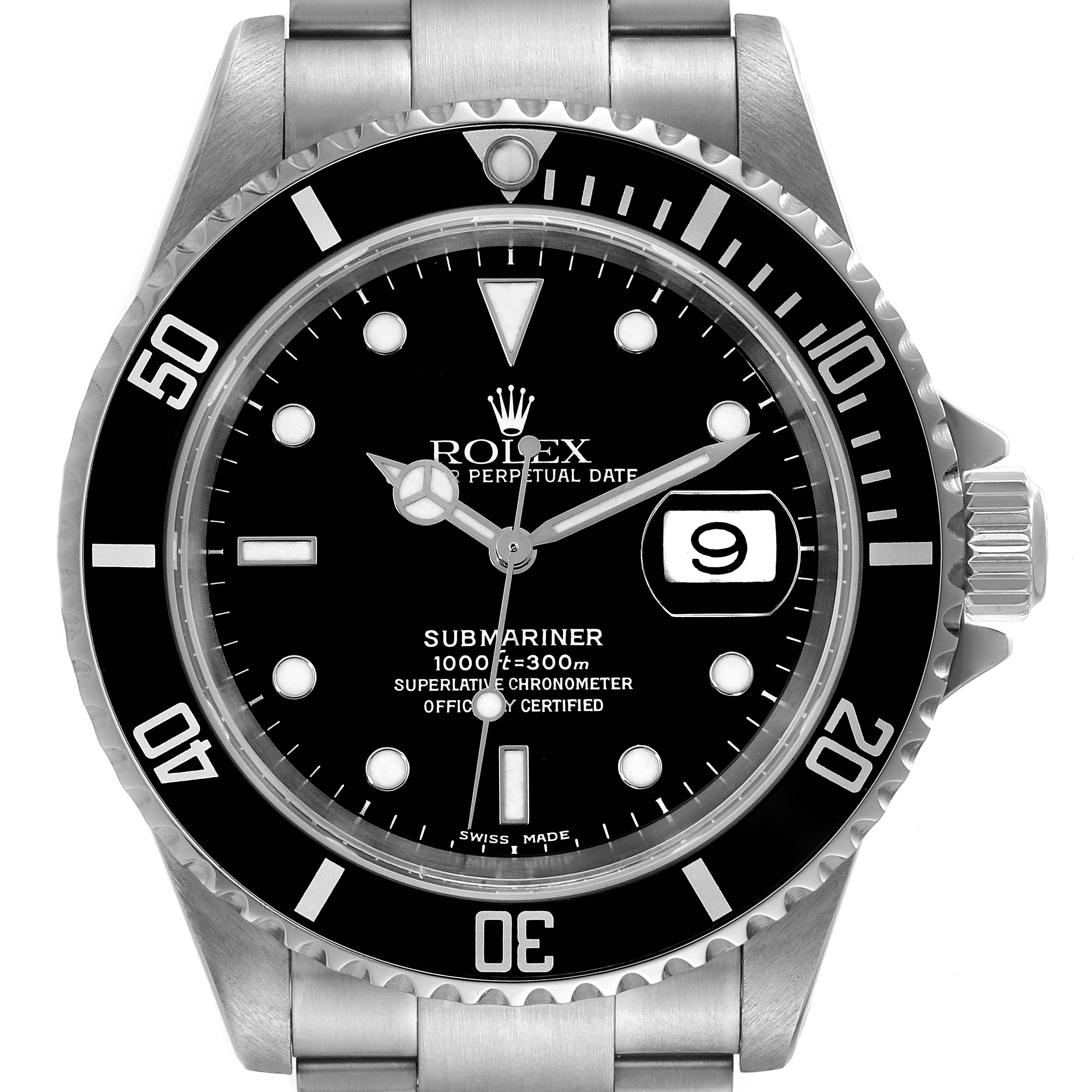 This image shows a front view of the Rolex Submariner 16610 Men
s Stainless Steel Black Dial 16610 Men
s Stainless Steel Black Dial watch, highlighting the dial, bezel, crown, and bracelet.