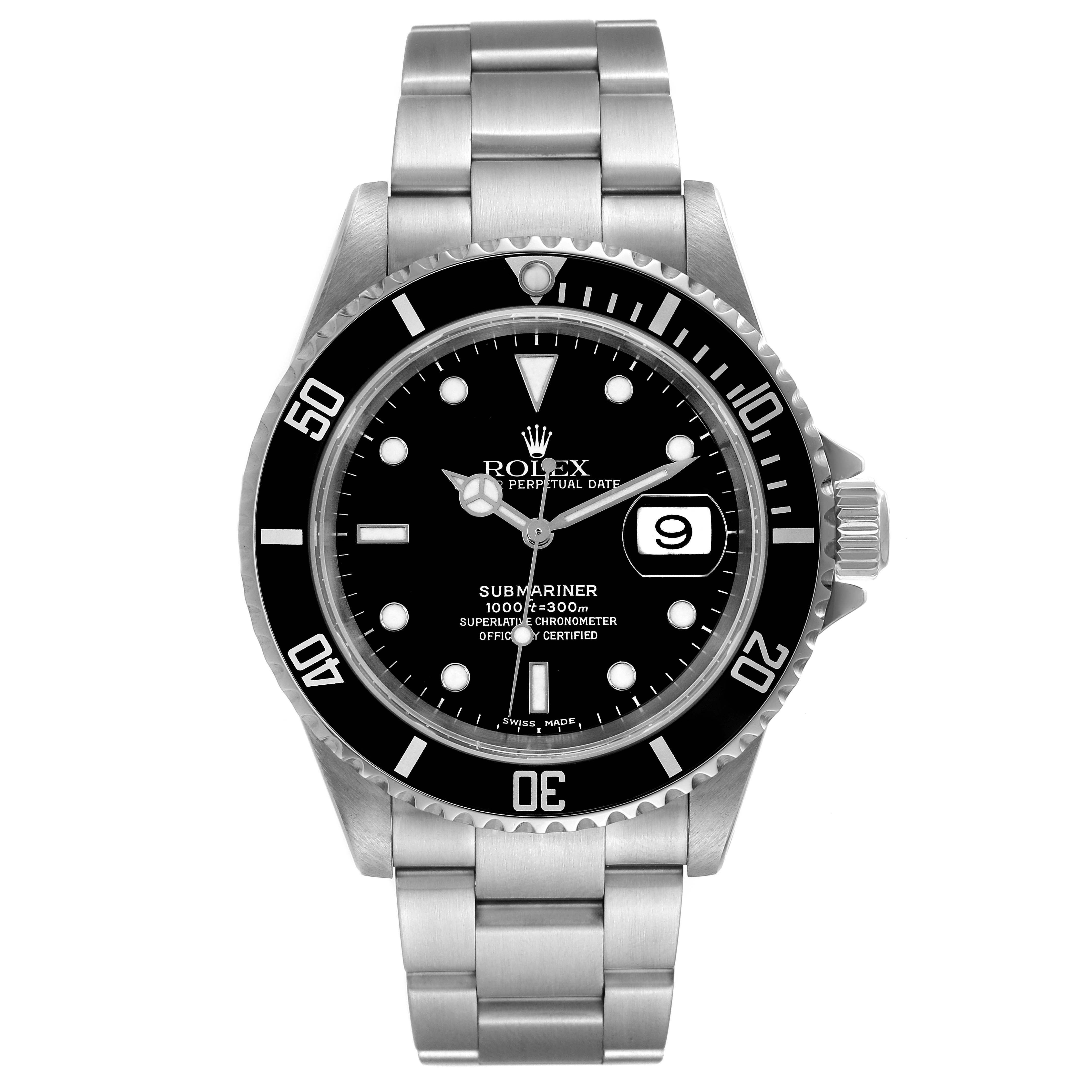 This is a front view of the Rolex Submariner 16610 Men
s Stainless Steel Black Dial 16610 Men
s Stainless Steel Black Dial watch, showing the dial, bezel, bracelet, and crown.