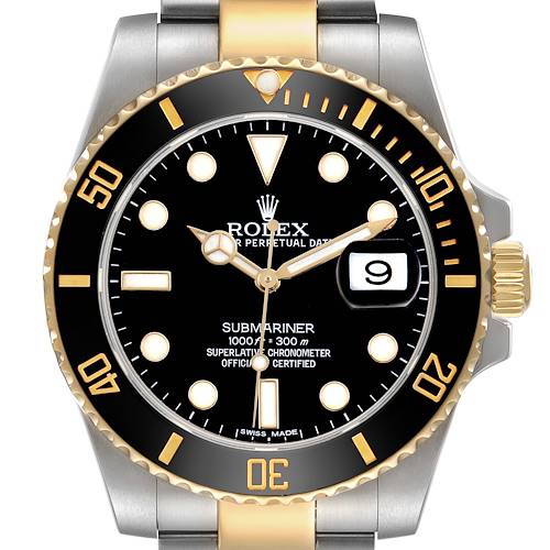 The Rolex Submariner 116613 Men's Steel and Gold (two tone) Black Dial watch is shown from the front, highlighting its black dial, gold and steel bracelet, and date feature.