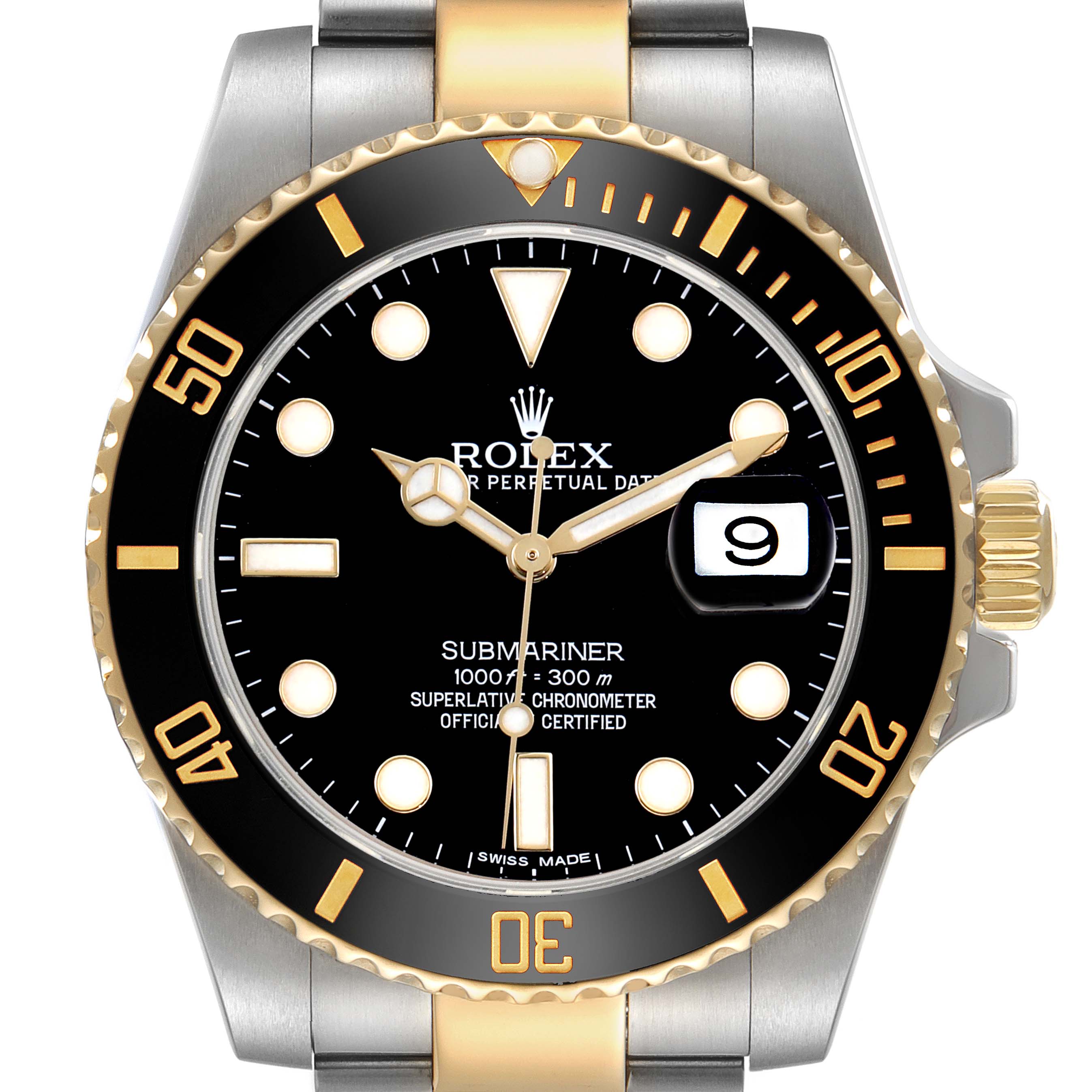The image shows a front view of the Rolex Submariner 116613 Men's Steel and Gold (two tone) Black Dial watch, highlighting its black dial, gold accents, and date window.