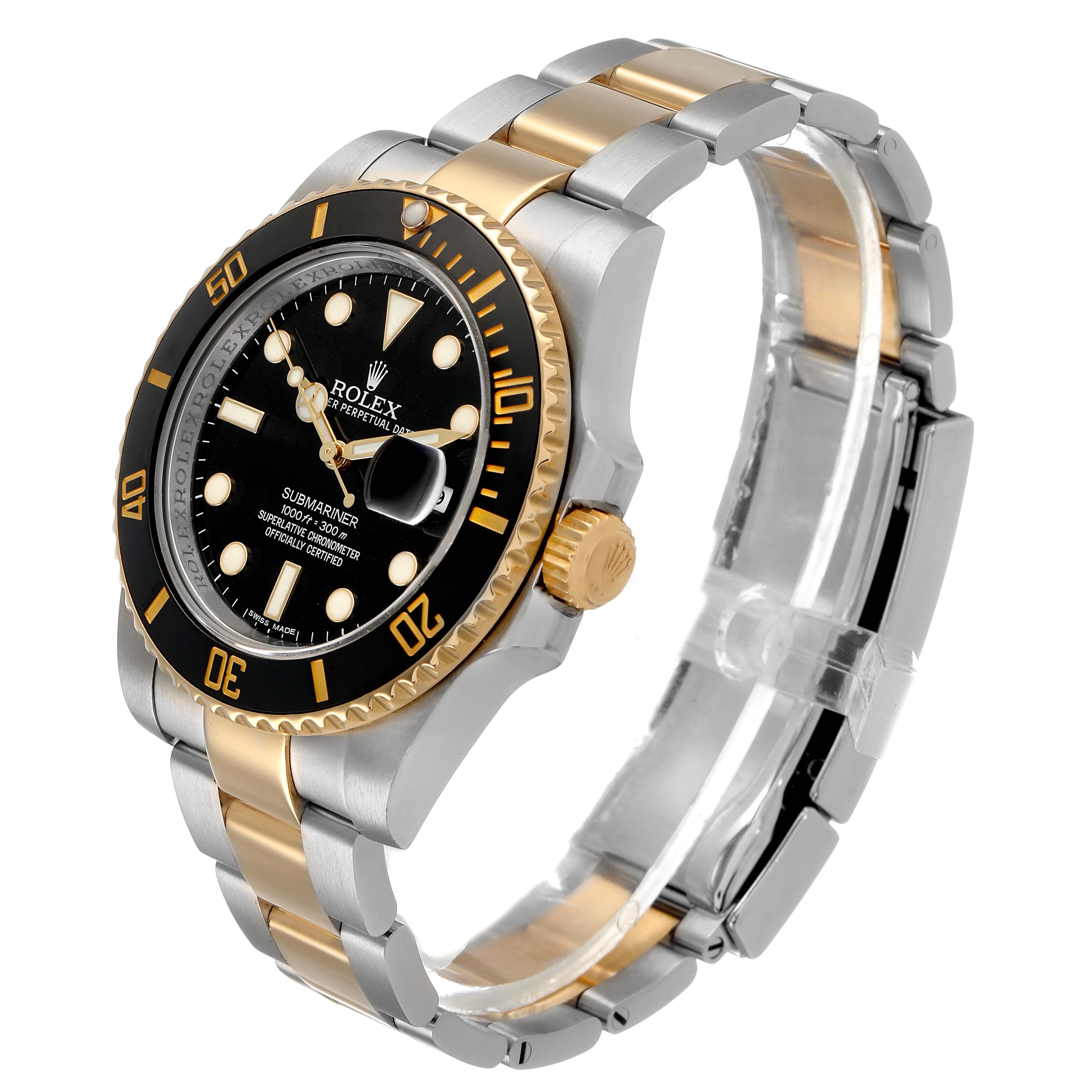 The Rolex Submariner 116613 Men's Steel and Gold (two tone) Black Dial watch is shown from an angled side view, highlighting the bezel, dial, bracelet, and crown.