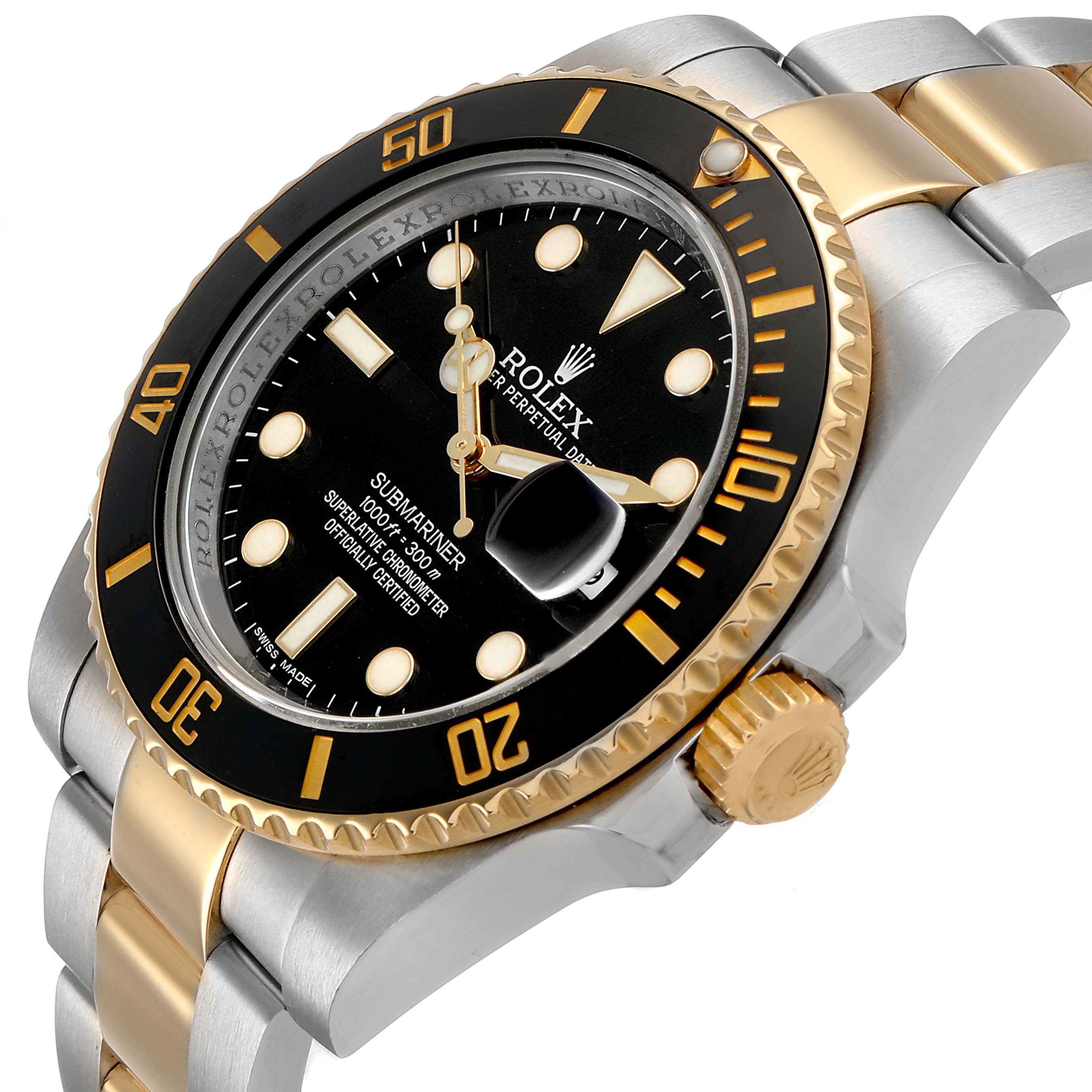 The Rolex Submariner 116613 Men's Steel and Gold (two tone) Black Dial watch is shown at a side angle, highlighting its bezel, dial, crown, and two-tone bracelet.
