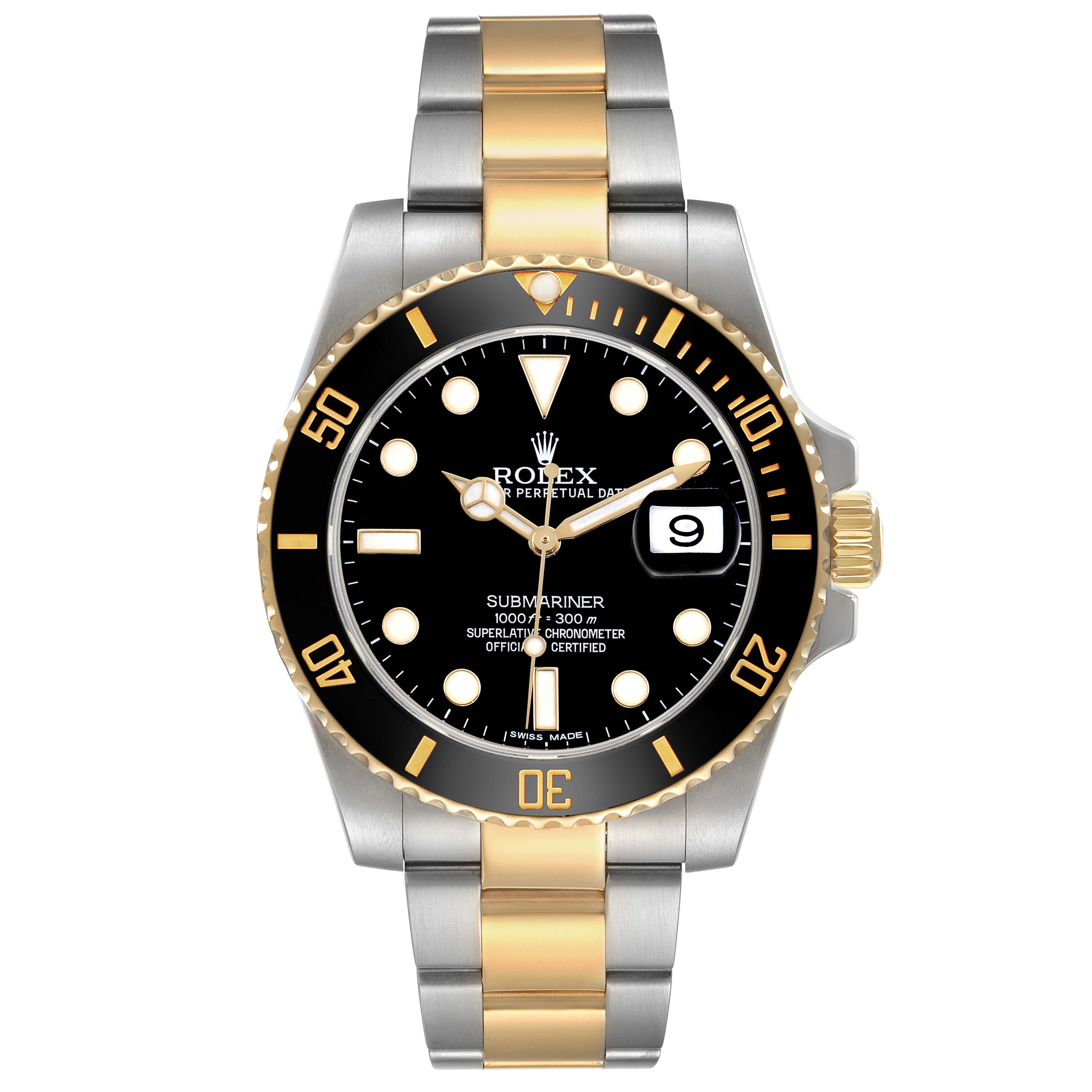 The Rolex Submariner 116613 Men's Steel and Gold (two tone) Black Dial watch is shown from a front view, highlighting the bezel, dial, bracelet, and date window.