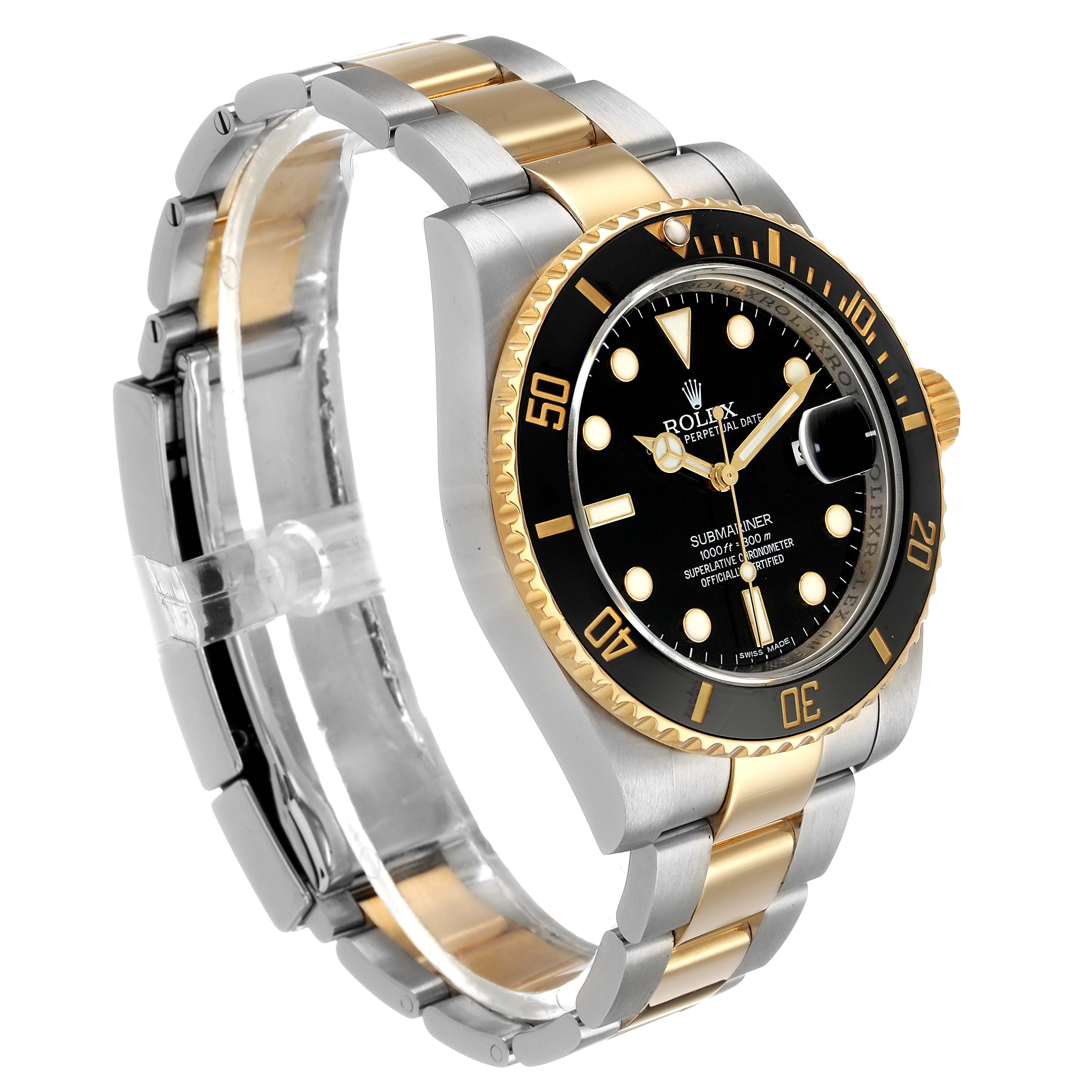 The Rolex Submariner 116613 Men's Steel and Gold (two tone) Black Dial is shown at a three-quarter angle, highlighting the bezel, face, bracelet, and clasp detail.