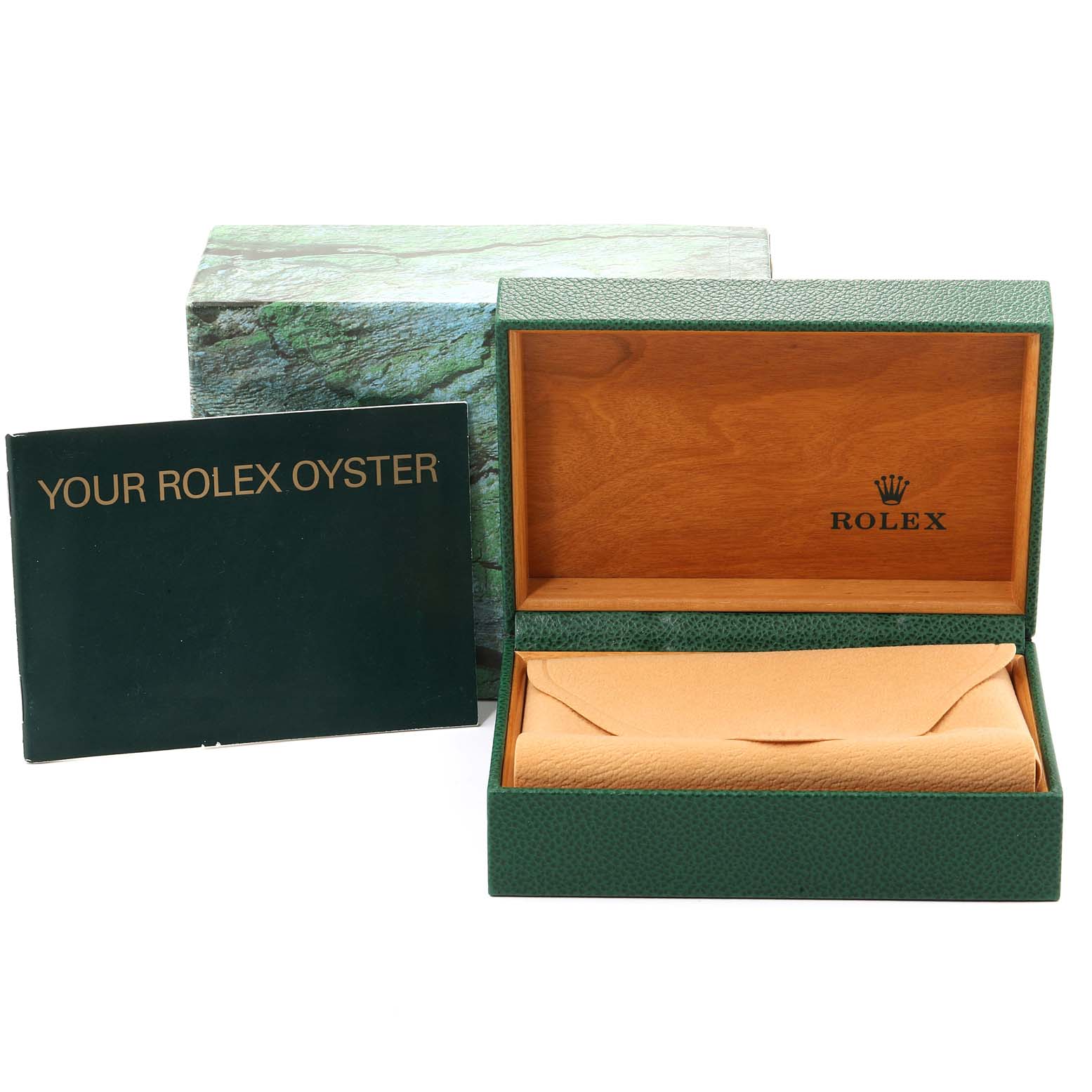 The image shows a Rolex Turn-o-Graph 16264 Men's Stainless Steel Black Dial 16264 Men's Stainless Steel Black Dial watch's empty box and accompanying booklet from a frontal angle.