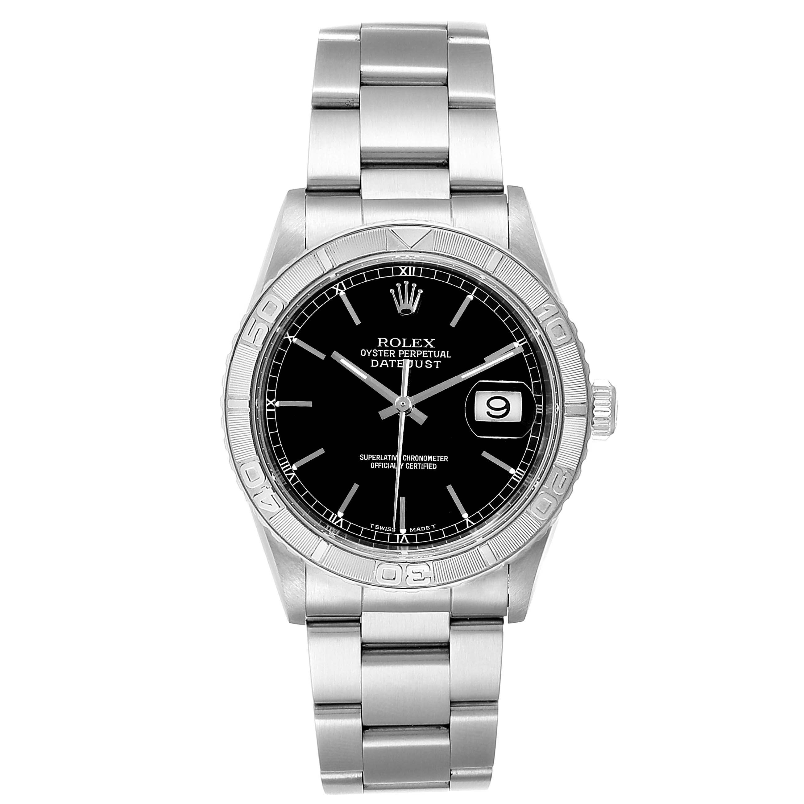 This image shows a front view of a Rolex Turn-o-Graph 16264 Men's Stainless Steel Black Dial 16264 Men's Stainless Steel Black Dial watch, including the bezel, dial, bracelet, and crown.