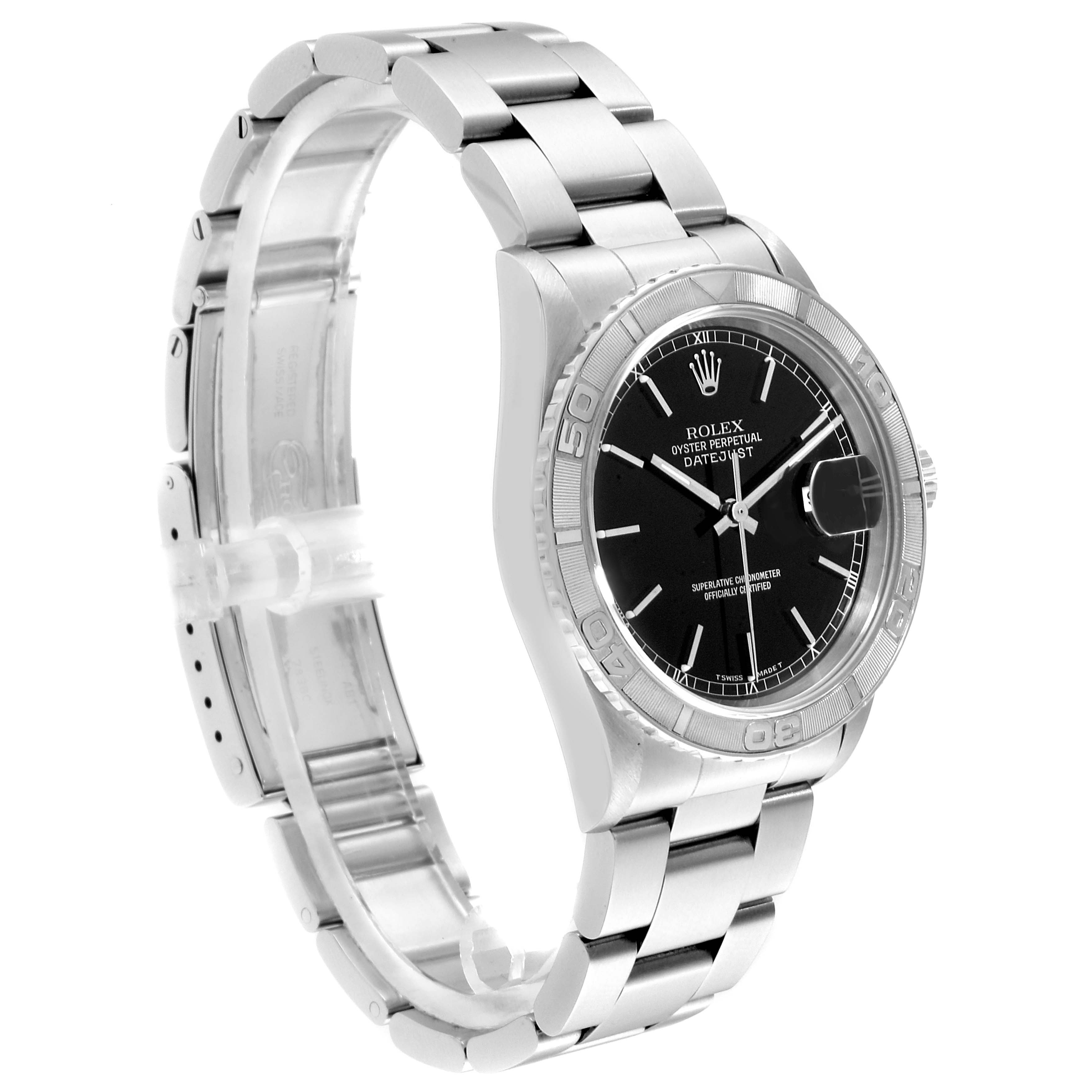 The Rolex Turn-o-Graph 16264 Men's Stainless Steel Black Dial 16264 Men's Stainless Steel Black Dial watch is shown at a three-quarter angle highlighting the dial, bezel, and bracelet.