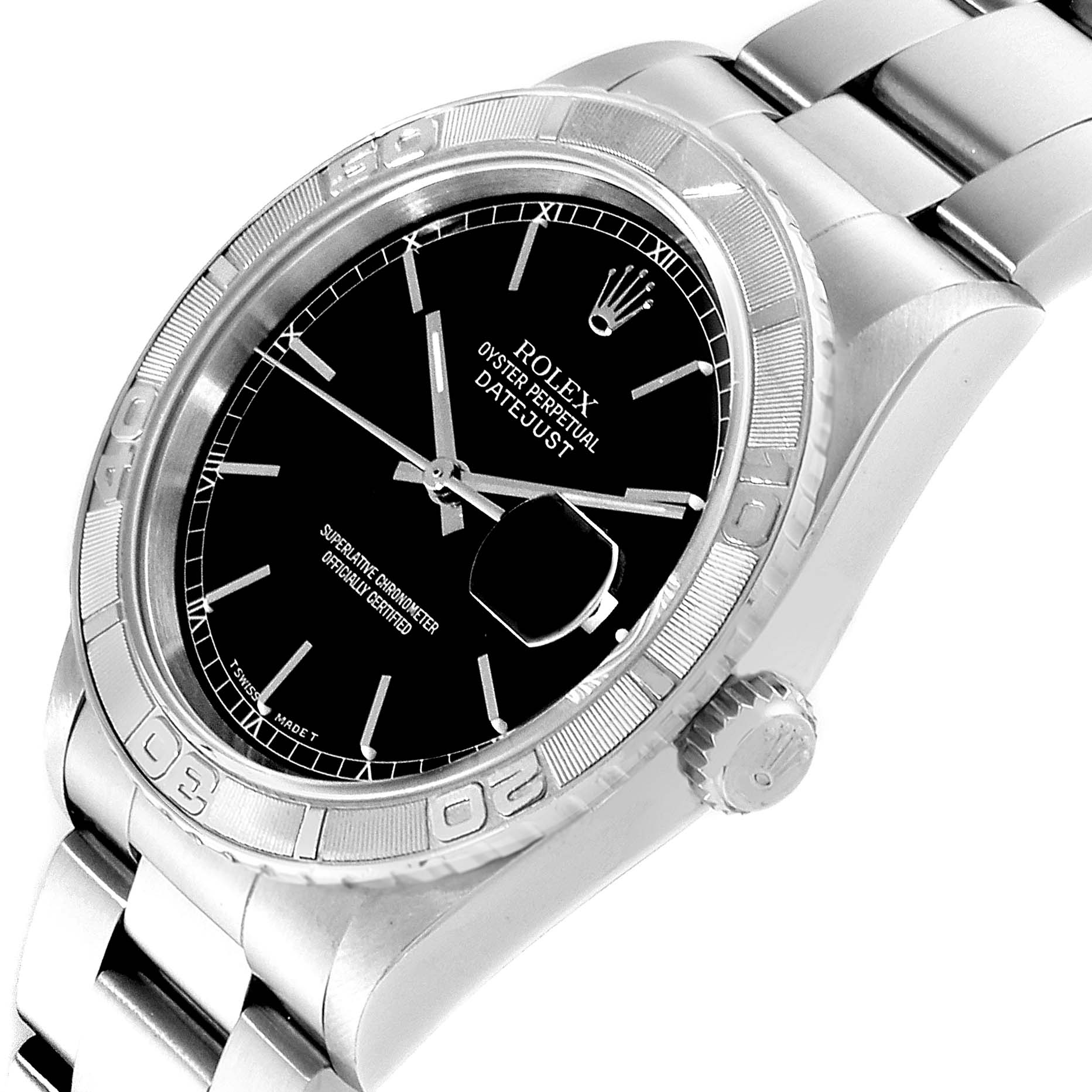 The Rolex Turn-o-Graph 16264 Men's Stainless Steel Black Dial 16264 Men's Stainless Steel Black Dial watch is shown at a slight angle, highlighting the bezel, crown, bracelet, and black dial.