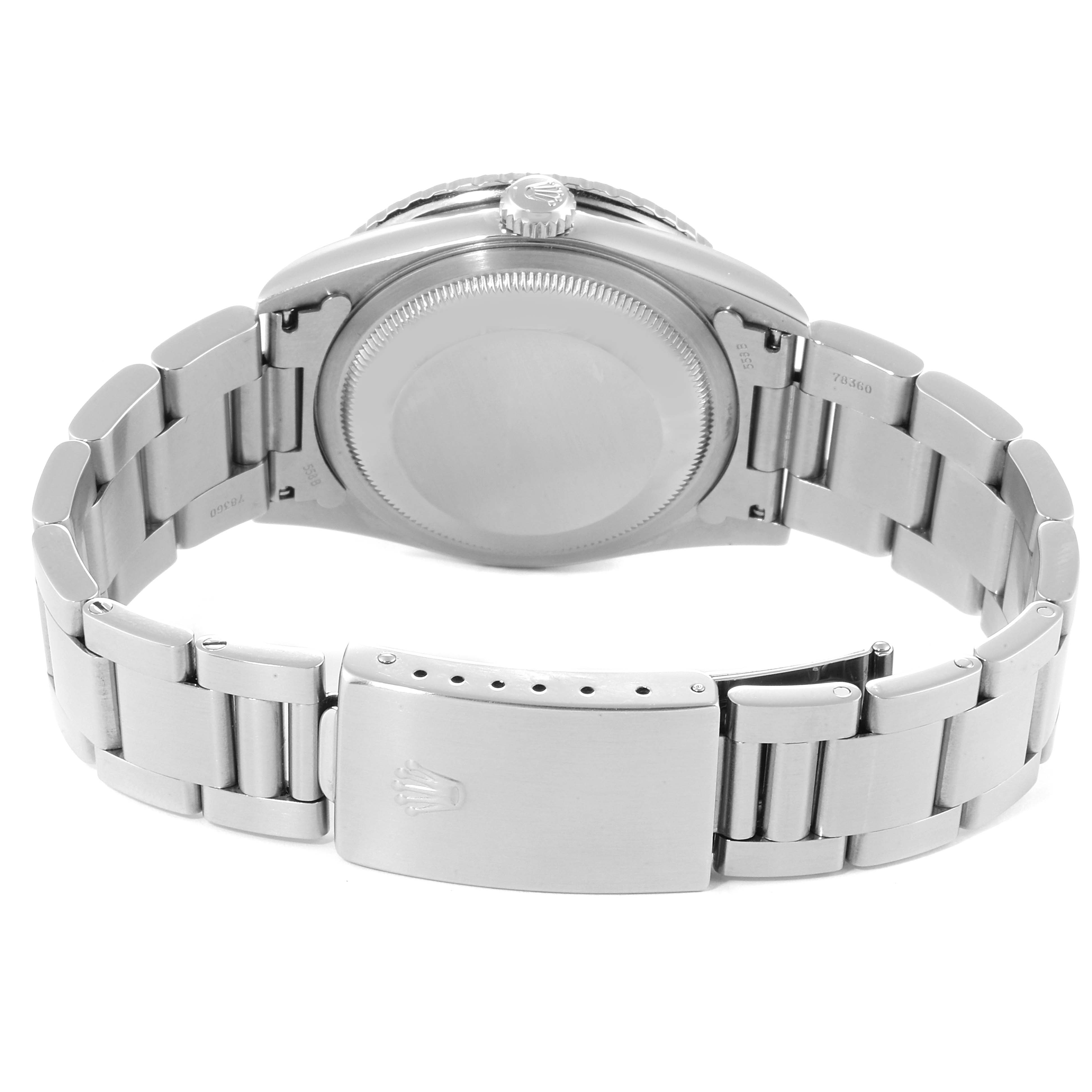 This image shows the back and bracelet of a Rolex Turn-o-Graph 16264 Men's Stainless Steel Black Dial 16264 Men's Stainless Steel Black Dial watch, focusing on the clasp and case back.