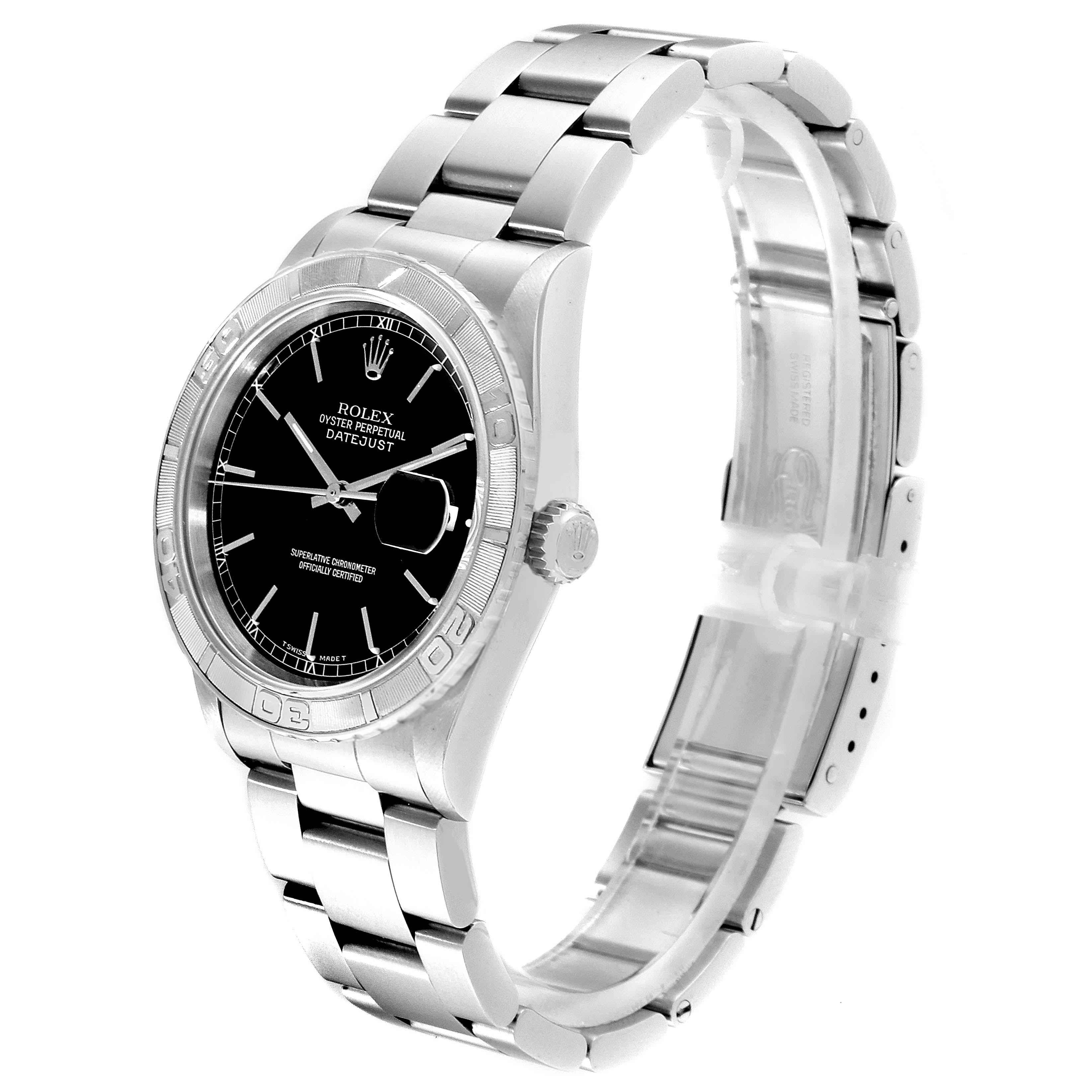 The image shows a side view of the Rolex Turn-o-Graph 16264 Men's Stainless Steel Black Dial 16264 Men's Stainless Steel Black Dial watch, highlighting its face, bezel, crown, and bracelet.