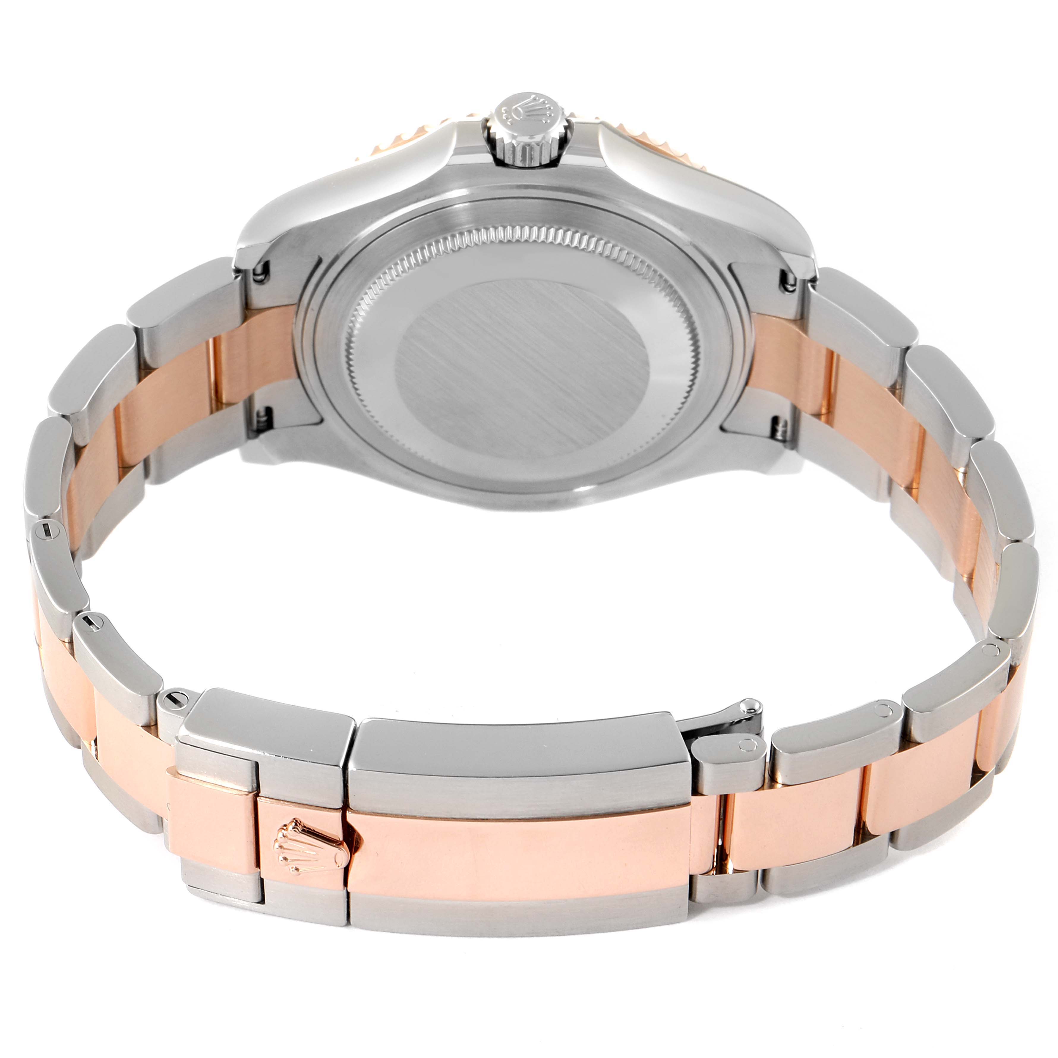 This image shows the back case and bracelet of a Rolex Yacht-Master 268621 Men's Steel and Gold (two tone) Brown Dial 268621 Men's Steel and Gold (two tone) Brown Dial watch, highlighting the rose gold and stainless steel combination.