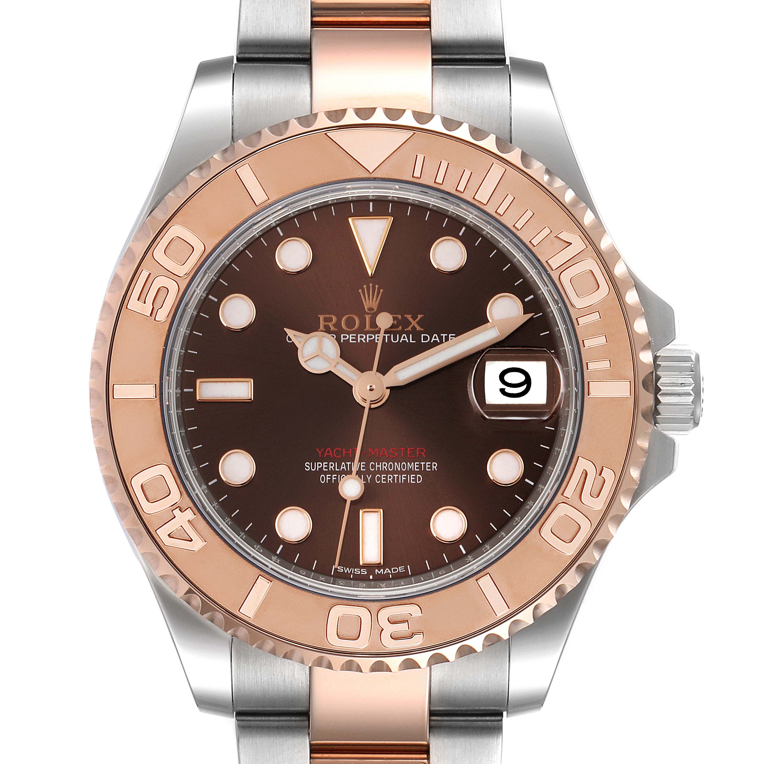 The image shows a front view of a Rolex Yacht-Master 268621 Men's Steel and Gold (two tone) Brown Dial 268621 Men's Steel and Gold (two tone) Brown Dial watch, highlighting its dial, bezel, and part of the strap.