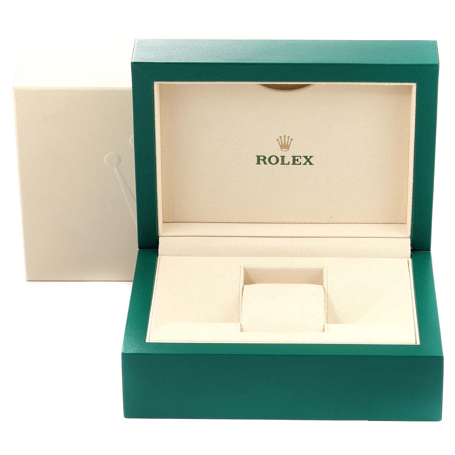 The image shows an open green and cream-colored Rolex watch box for the Yacht-Master model.