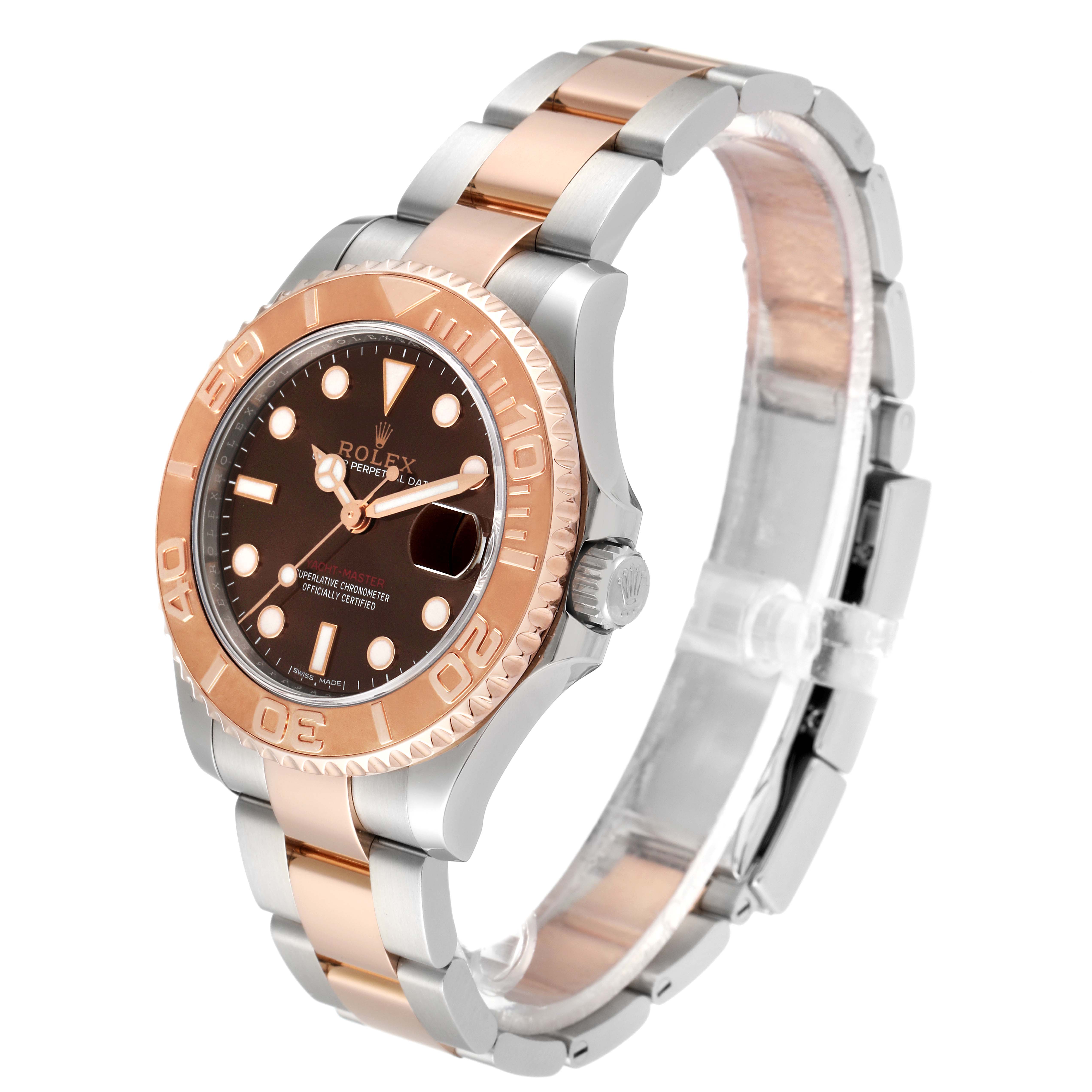 The Rolex Yacht-Master 268621 Men's Steel and Gold (two tone) Brown Dial 268621 Men's Steel and Gold (two tone) Brown Dial watch is shown at an angled side view, highlighting its dial, bezel, and two-tone metal bracelet.