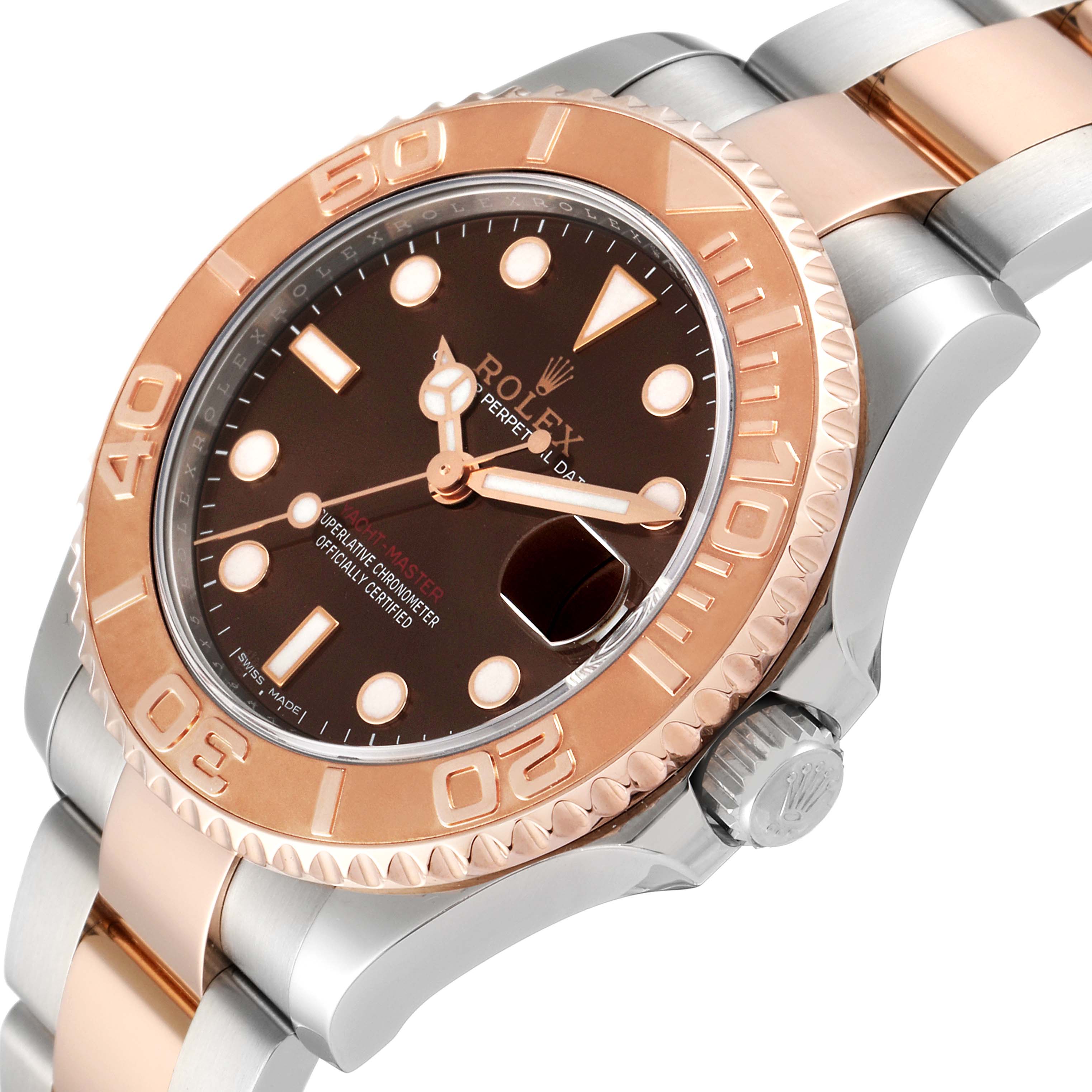 The image shows a close-up angle of the Yacht-Master Rolex watch, highlighting its face, bezel, and part of its bracelet.