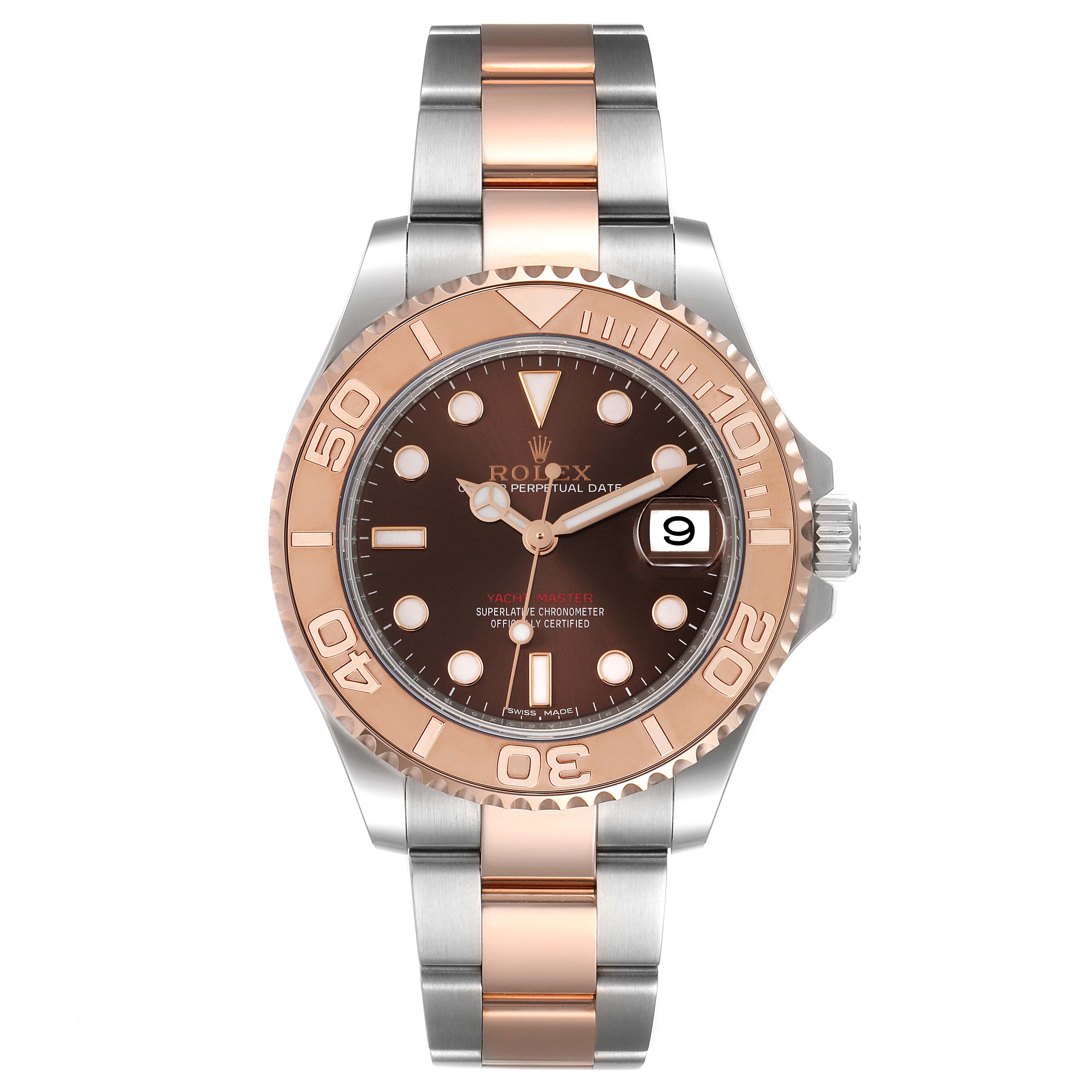 The image shows a front view of the Rolex Yacht-Master 268621 Men's Steel and Gold (two tone) Brown Dial 268621 Men's Steel and Gold (two tone) Brown Dial watch, highlighting its bezel, dial, and bracelet.