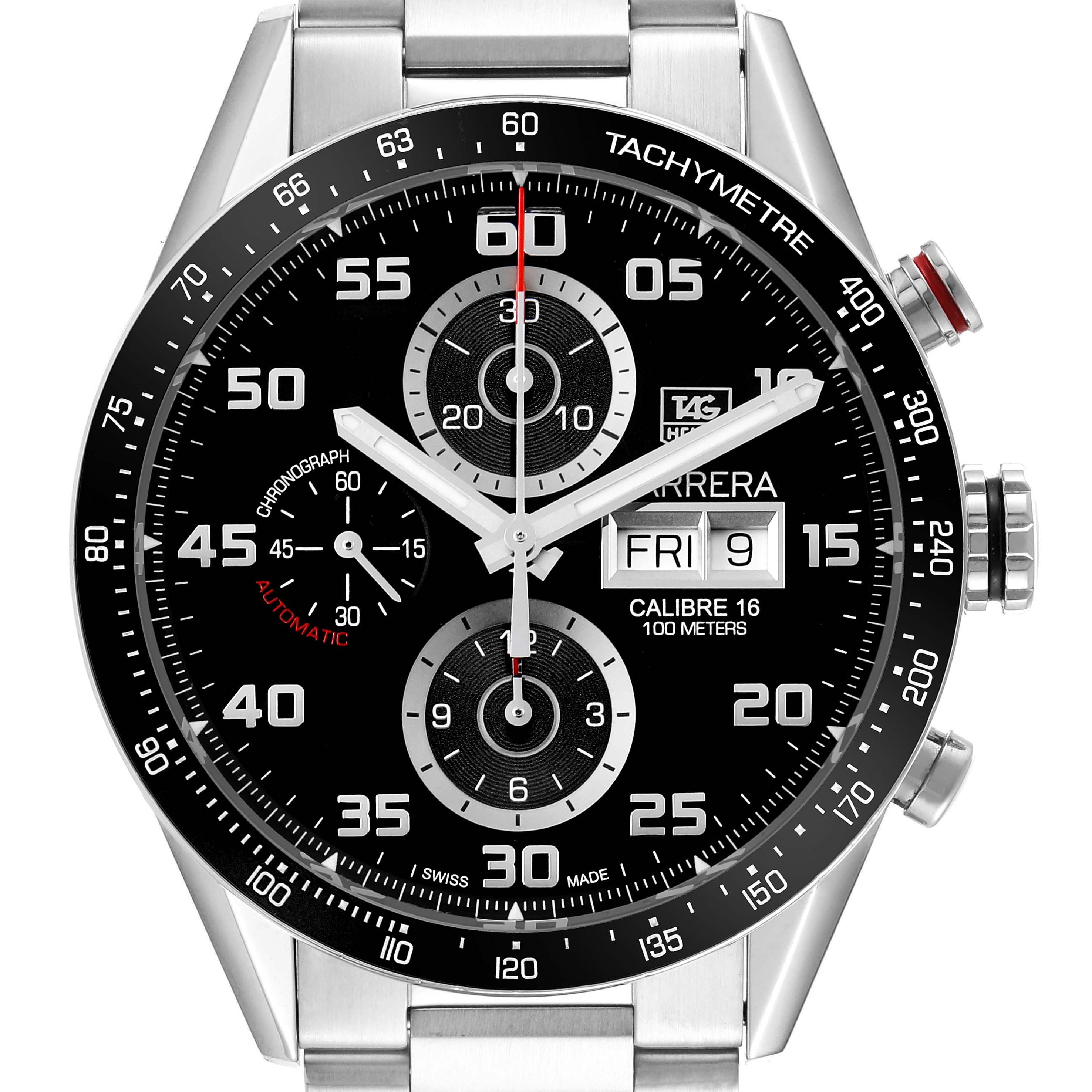 The Tag Heuer Carrera CV2A1R Men's Stainless Steel Black Dial watch is shown from a front angle, highlighting the dial, subdials, and tachymeter bezel.