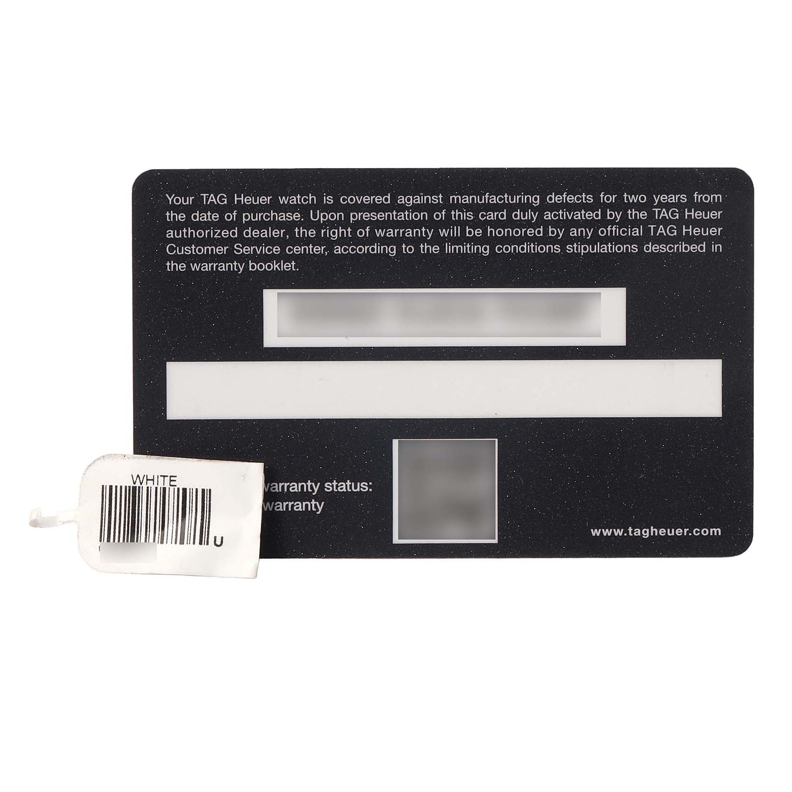 The image shows a warranty card for the Tag Heuer Carrera CV2A1R Men's Stainless Steel Black Dial model, viewed from the front, with a barcode tag attached.