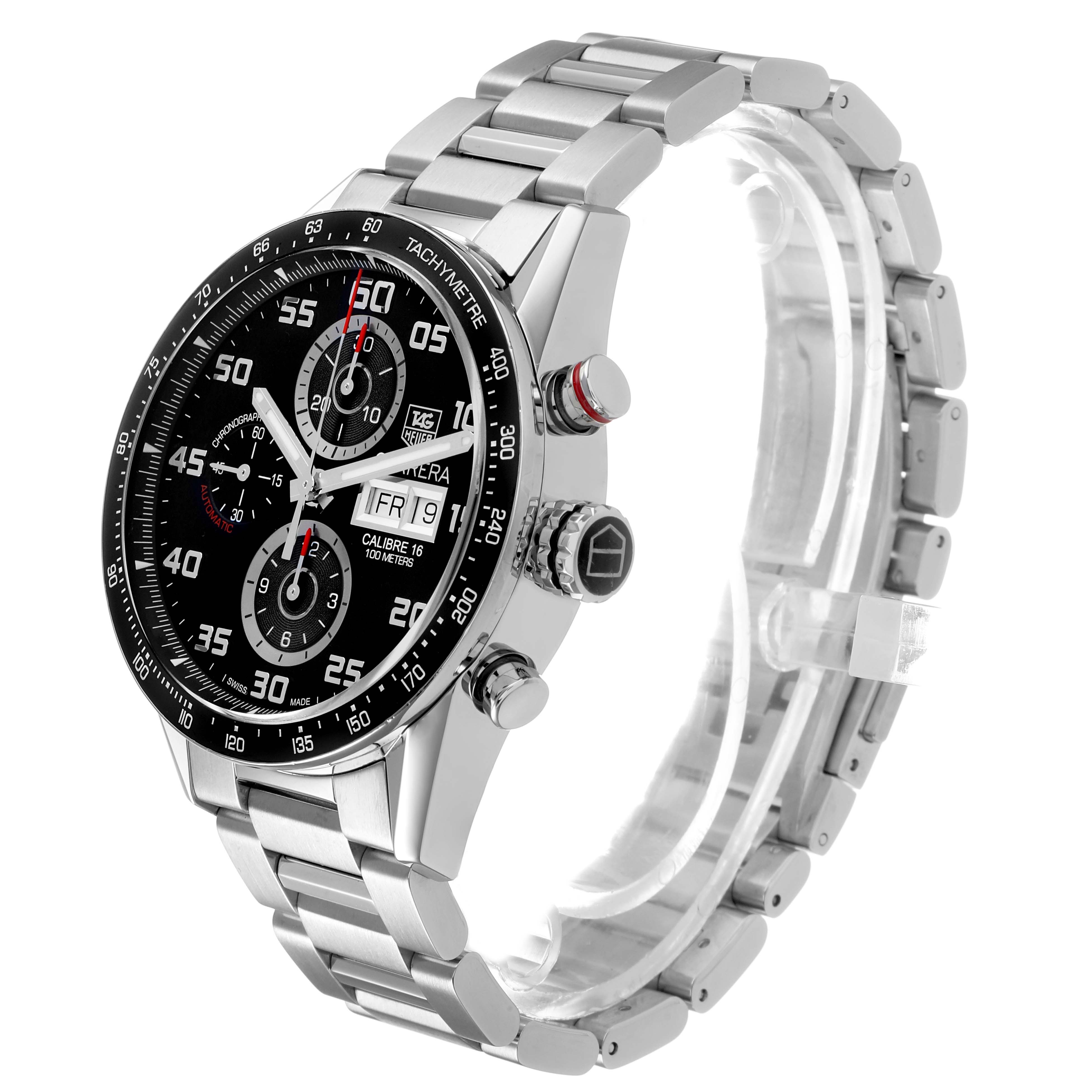 The Tag Heuer Carrera CV2A1R Men's Stainless Steel Black Dial watch is shown at a slight side angle, displaying the face, bezel, crown, pushers, and stainless steel bracelet.