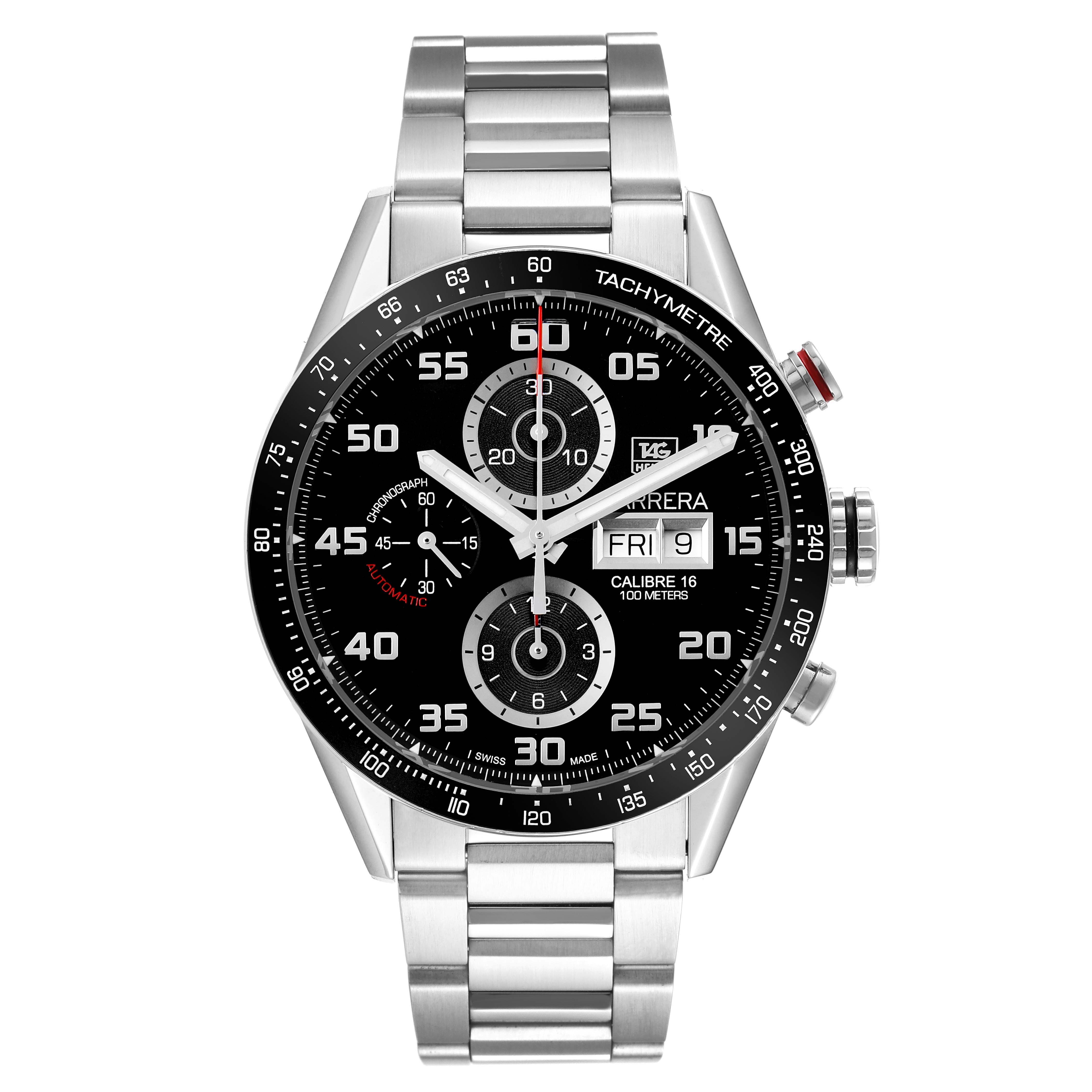 The Tag Heuer Carrera CV2A1R Men's Stainless Steel Black Dial watch is shown from the front, displaying its black dial, chronograph subdials, and tachymeter bezel.