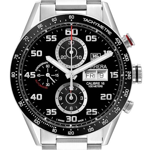 The Tag Heuer Carrera CV2A1R Men's Stainless Steel Black Dial watch is shown from the front, displaying the face, tachymeter, chronograph sub-dials, and date window.