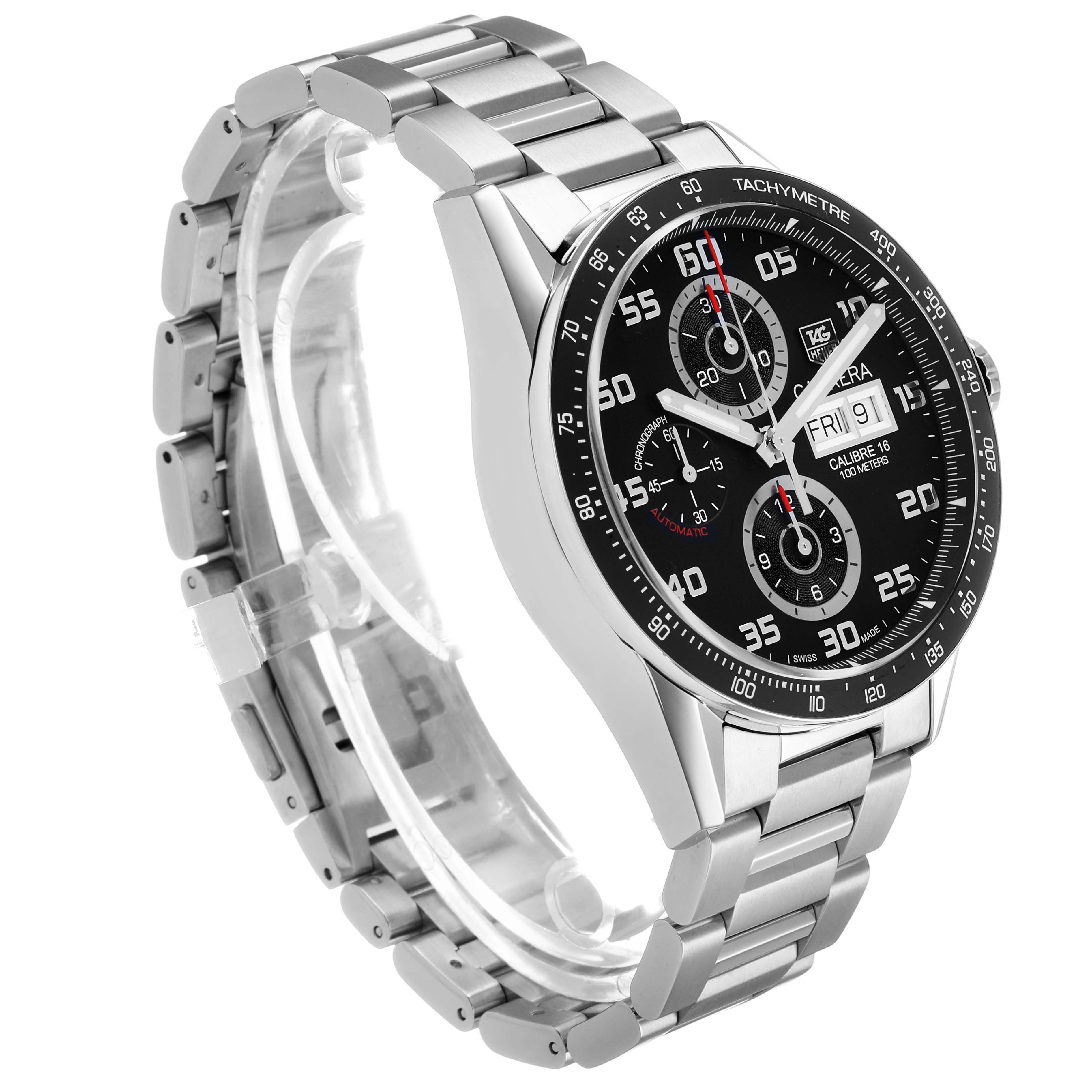 The Tag Heuer Carrera CV2A1R Men's Stainless Steel Black Dial watch is shown at a front-side angle displaying its face and stainless steel strap.