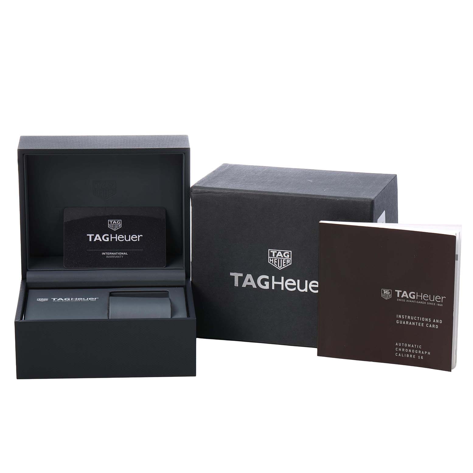 The image shows the TAG Heuer Carrera watch packaging, including the box, a card, and a booklet from a frontal angle.