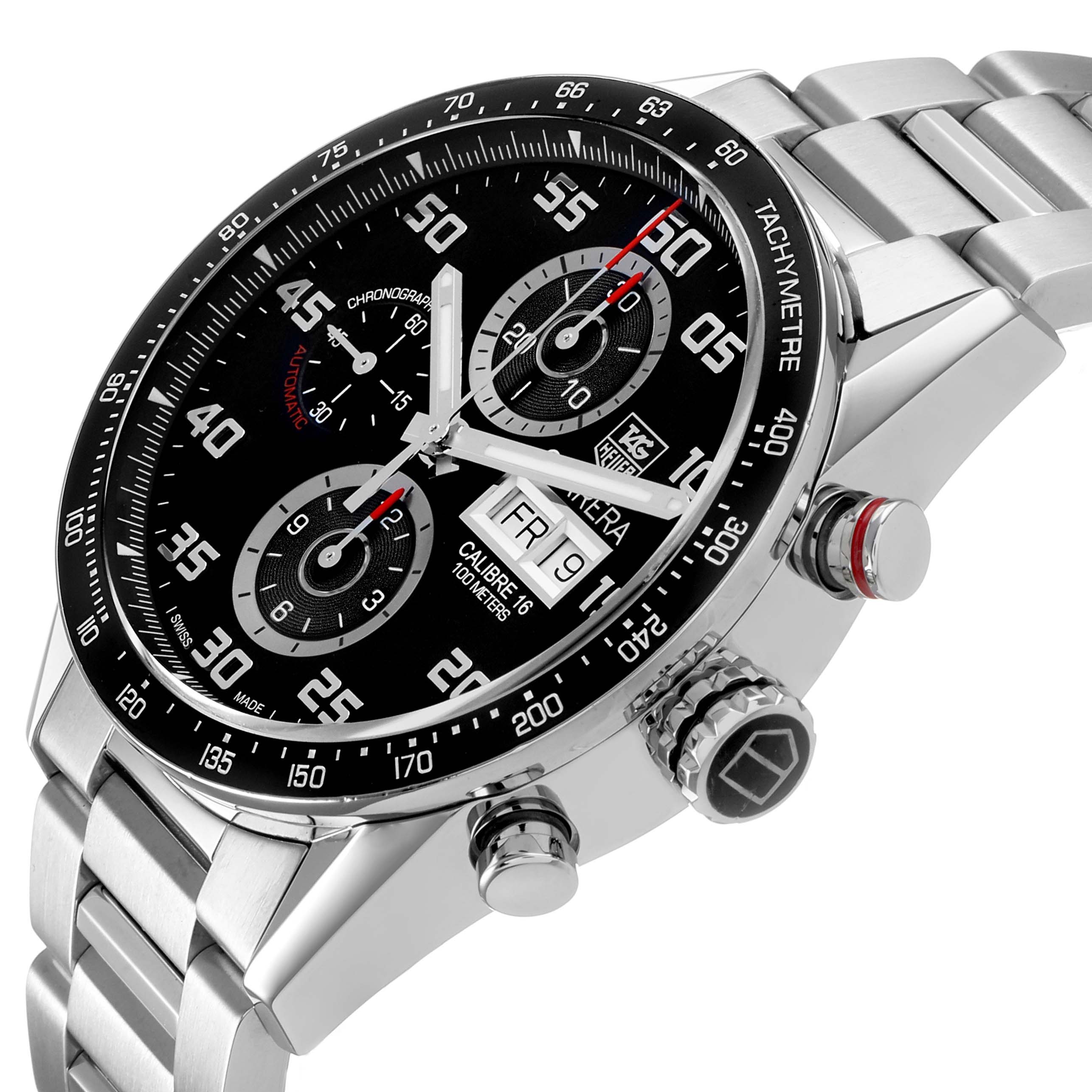 The Tag Heuer Carrera CV2A1R Men's Stainless Steel Black Dial watch is shown at an angled view highlighting the dial, tachymeter bezel, and metal strap.