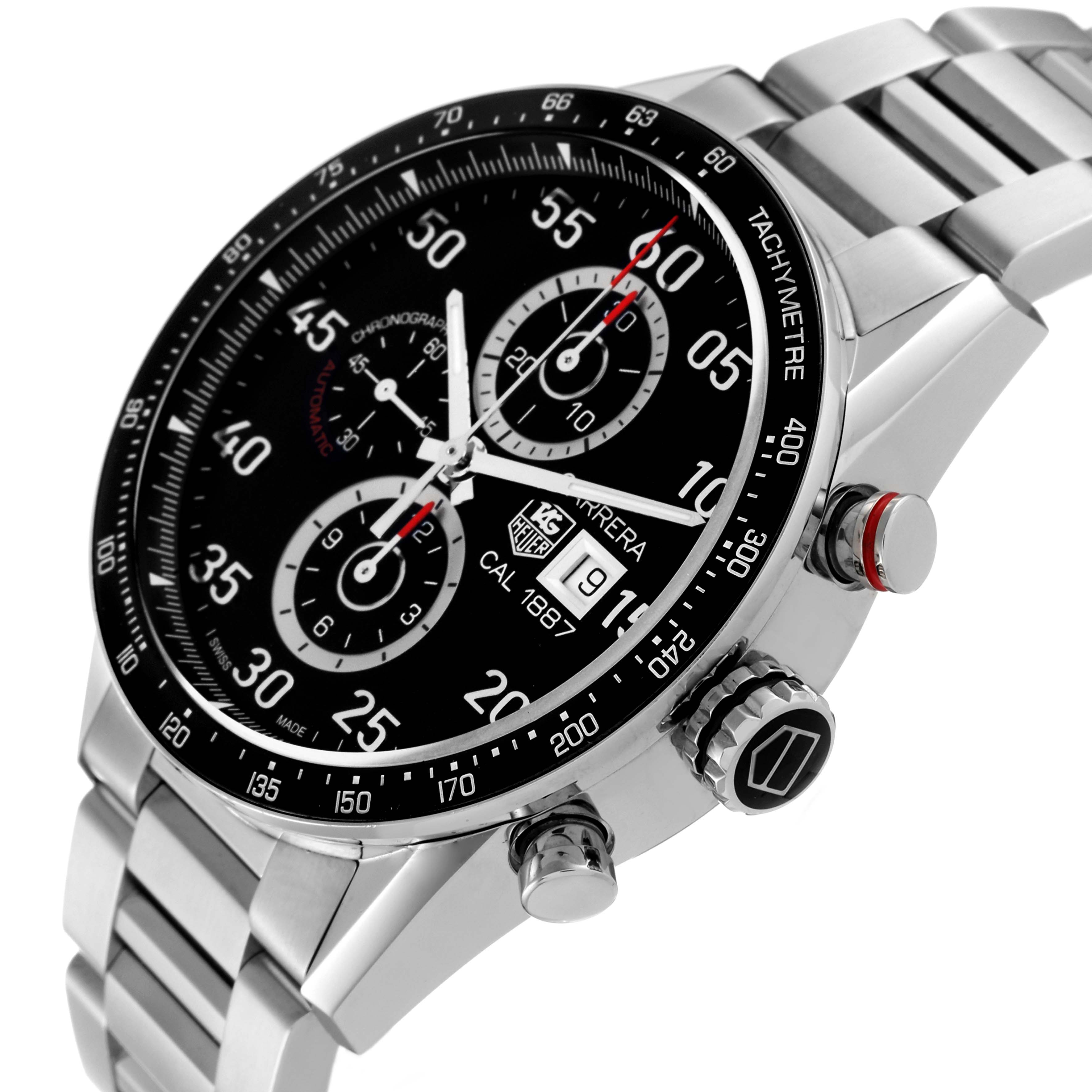 The image shows a close-up of the face and right side of a Tag Heuer Carrera CAR2A10-2 Men's Stainless Steel Black Dial CAR2A10-2 Men's Stainless Steel Black Dial watch, highlighting the dial, bezel, buttons, and bracelet.