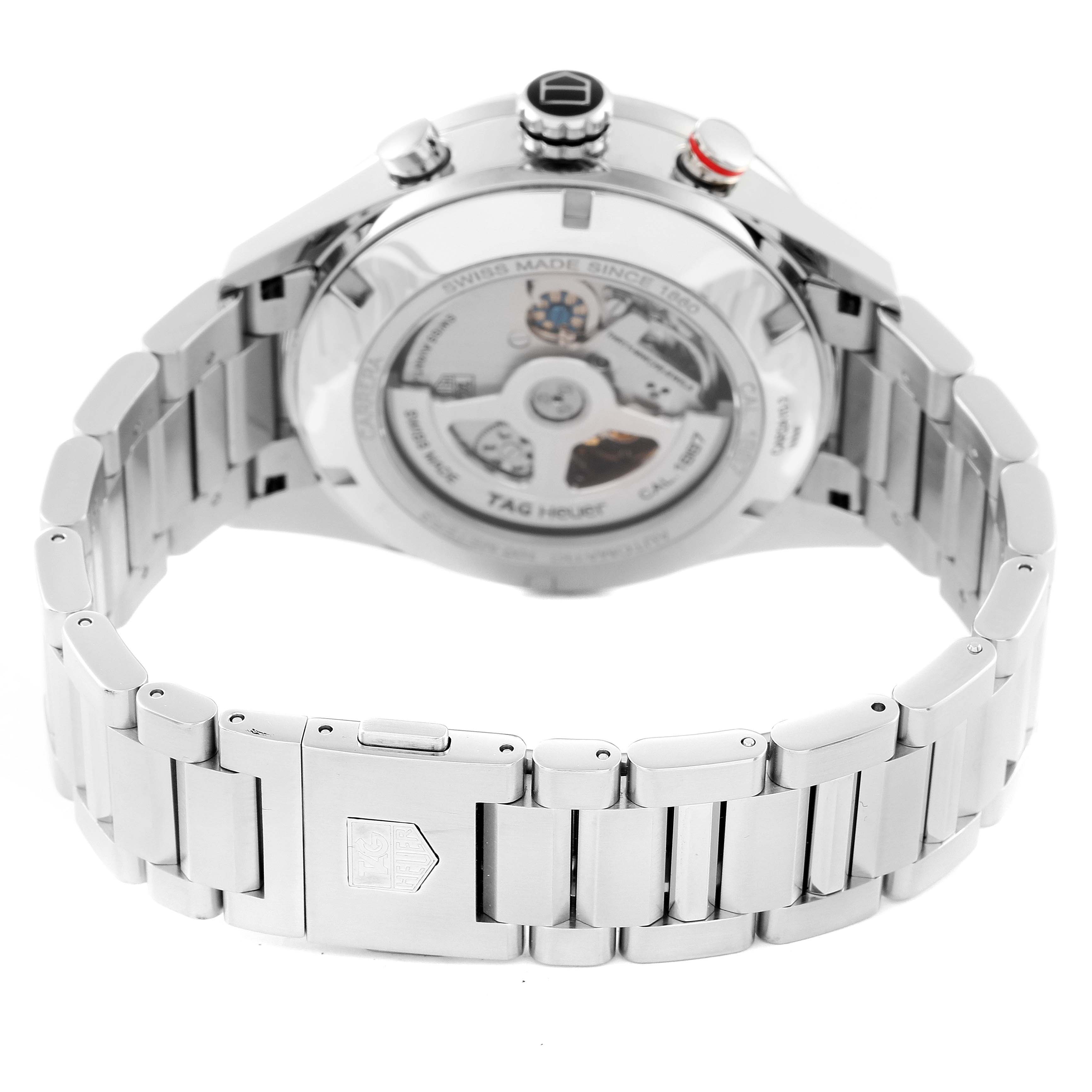 The image shows the back view and metal bracelet of a Tag Heuer Carrera CAR2A10-2 Men's Stainless Steel Black Dial CAR2A10-2 Men's Stainless Steel Black Dial watch, highlighting its mechanical movement.