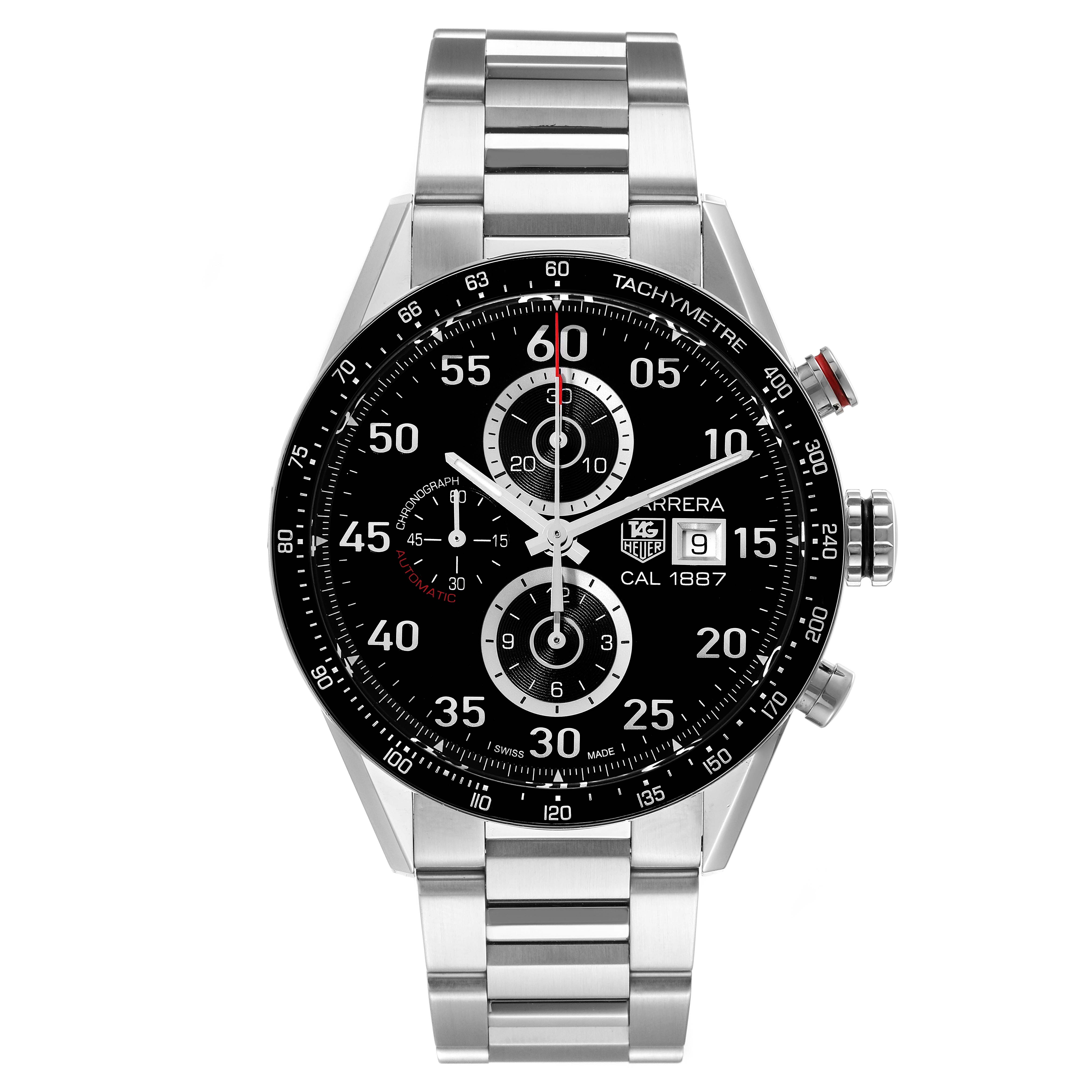 The image shows a frontal view of the Tag Heuer Carrera CAR2A10-2 Men's Stainless Steel Black Dial CAR2A10-2 Men's Stainless Steel Black Dial watch, highlighting its face, dials, and metal strap.
