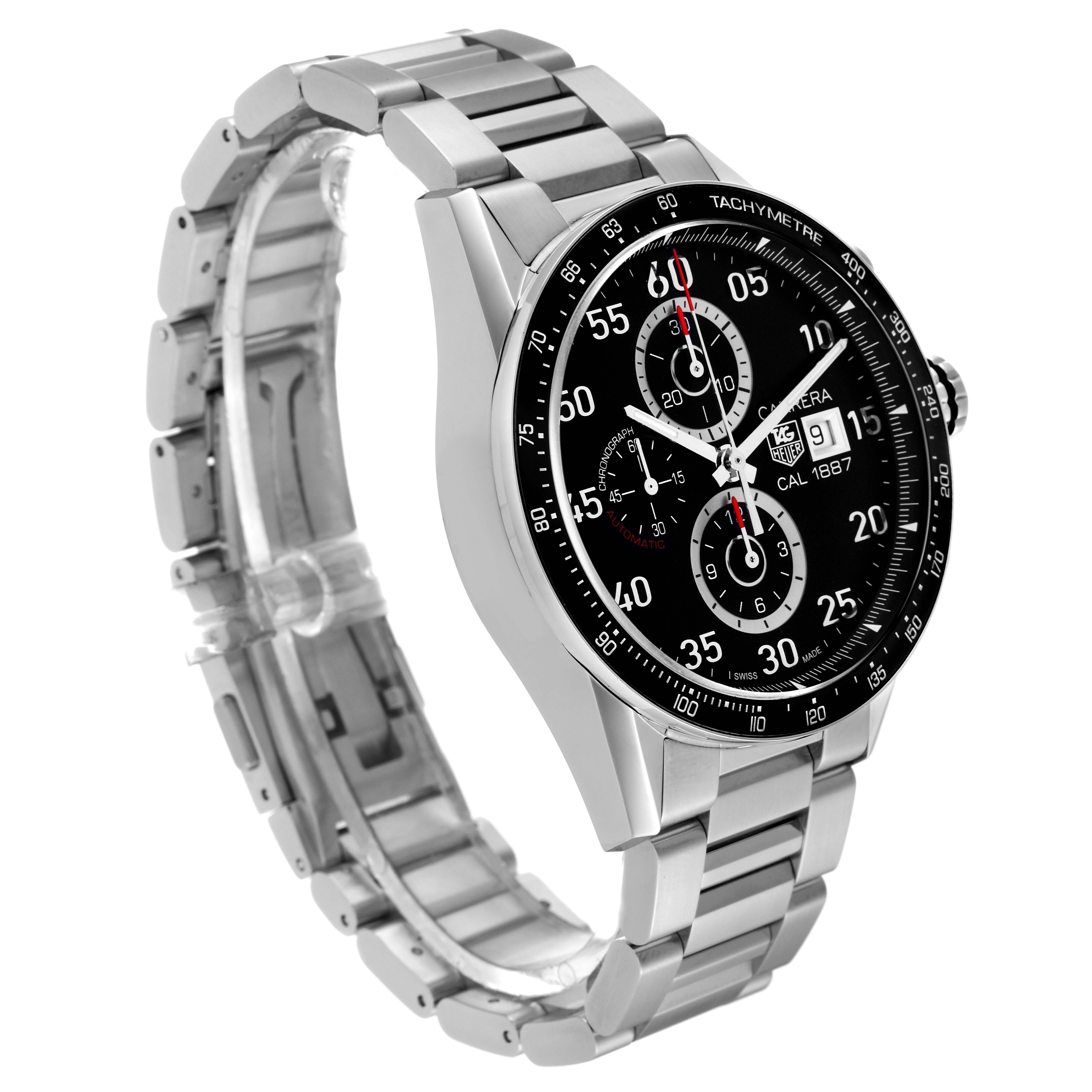 The image shows a Tag Heuer Carrera CAR2A10-2 Men's Stainless Steel Black Dial CAR2A10-2 Men's Stainless Steel Black Dial watch at a three-quarter angle, highlighting its black dial and stainless steel bracelet.