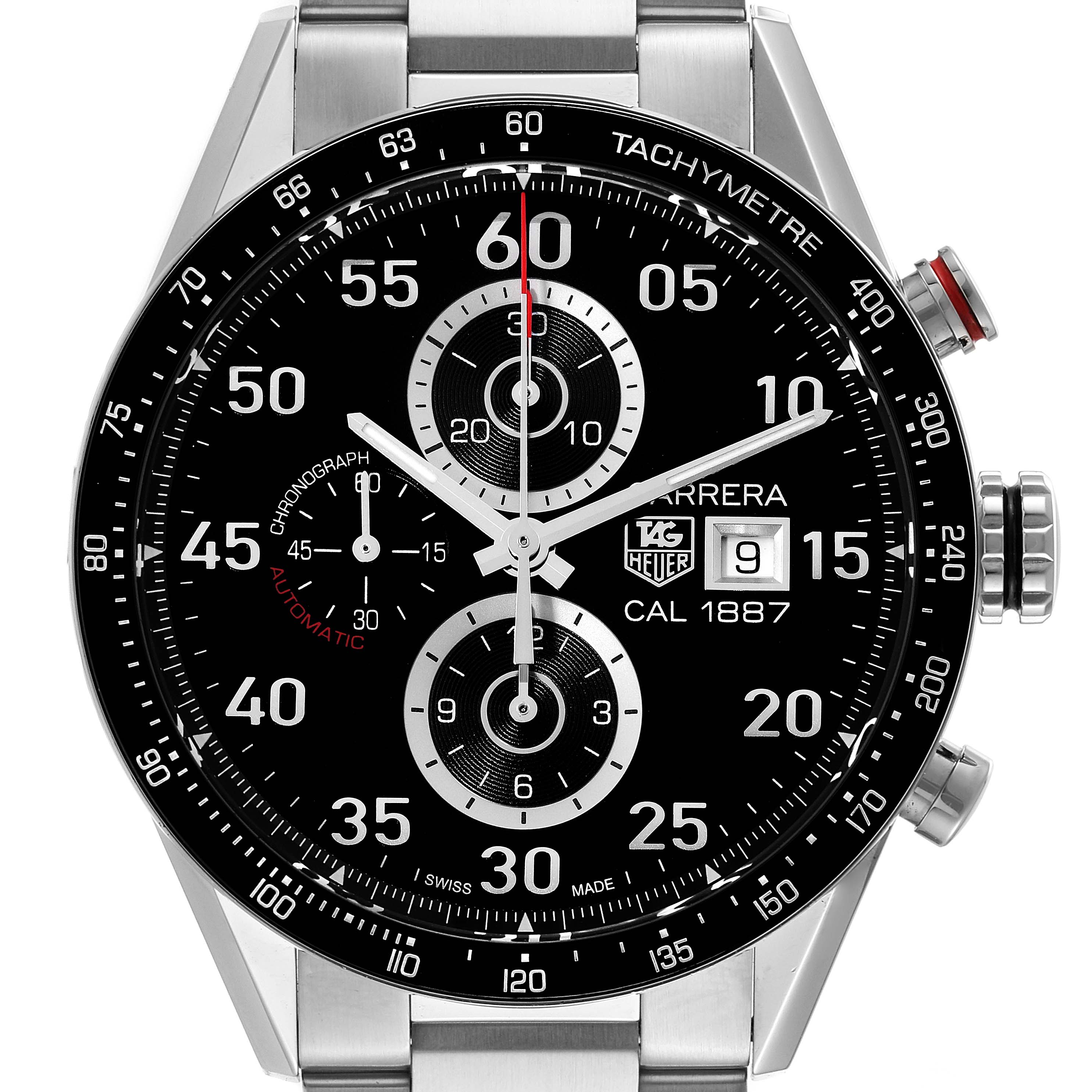 This image shows a front view of a Tag Heuer Carrera CAR2A10-2 Men's Stainless Steel Black Dial CAR2A10-2 Men's Stainless Steel Black Dial watch, highlighting its black dial, tachymeter, sub-dials, and date window.