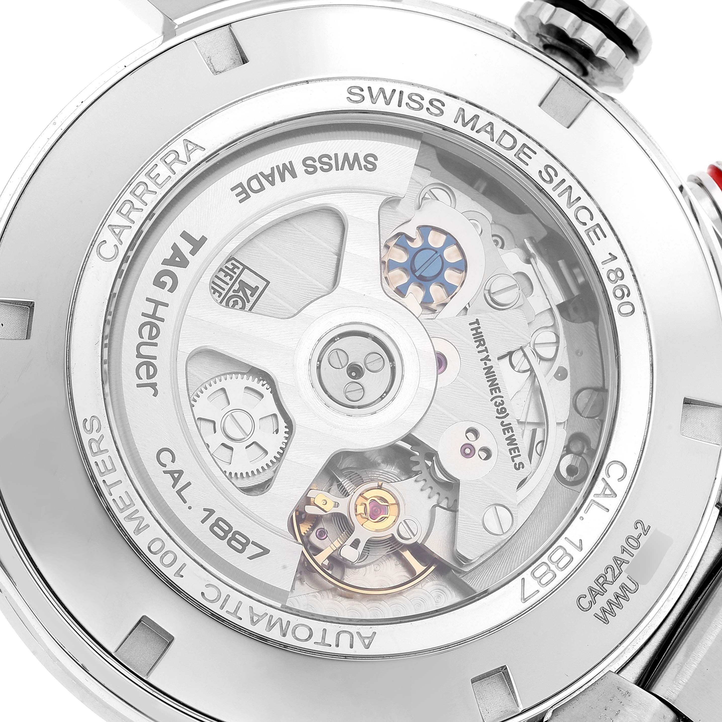 The image shows the back view of a Tag Heuer Carrera CAR2A10-2 Men's Stainless Steel Black Dial CAR2A10-2 Men's Stainless Steel Black Dial watch, revealing its mechanical movement and internal components.