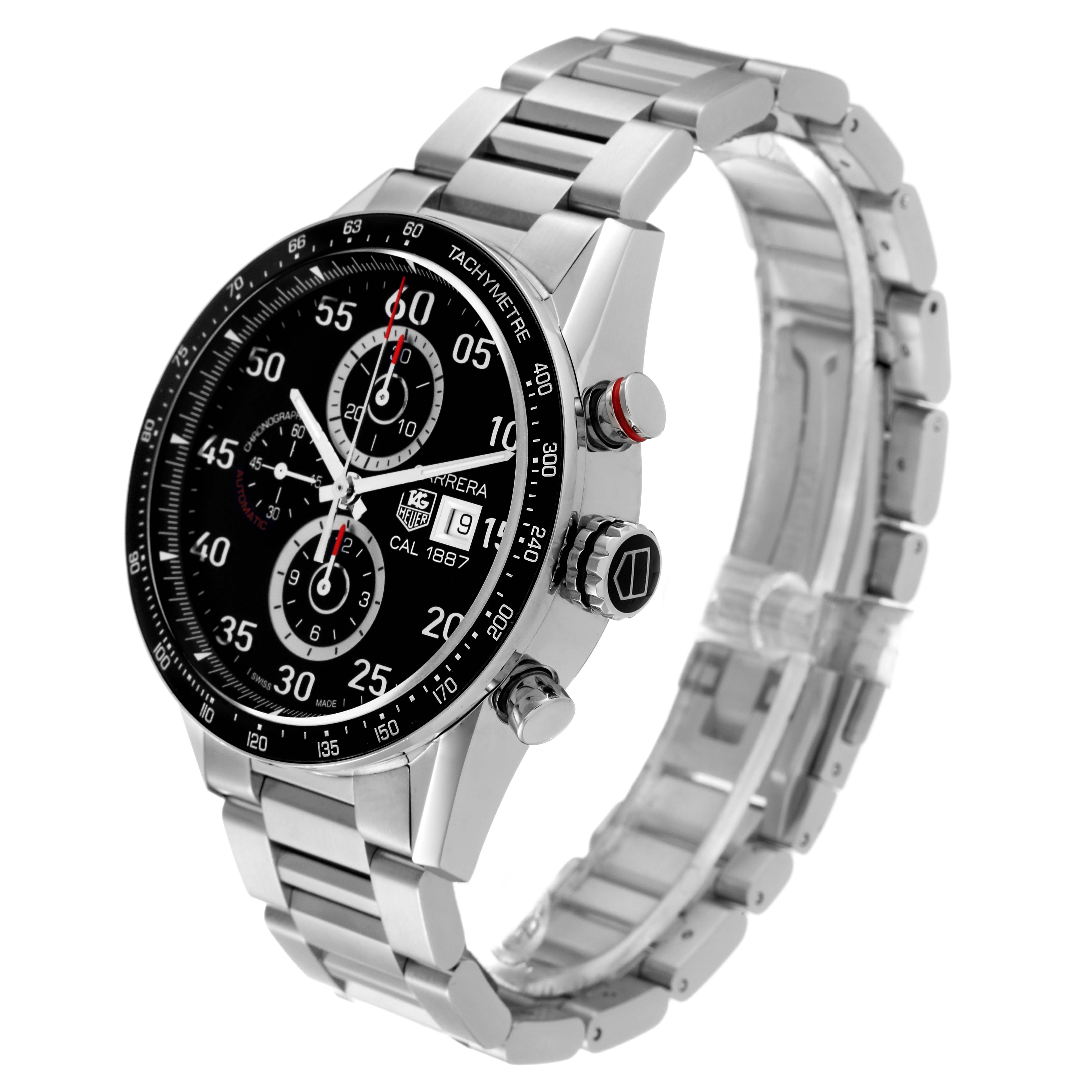 The image shows a Tag Heuer Carrera CAR2A10-2 Men's Stainless Steel Black Dial CAR2A10-2 Men's Stainless Steel Black Dial model watch, angled to display the face, bezel, crown, and bracelet.