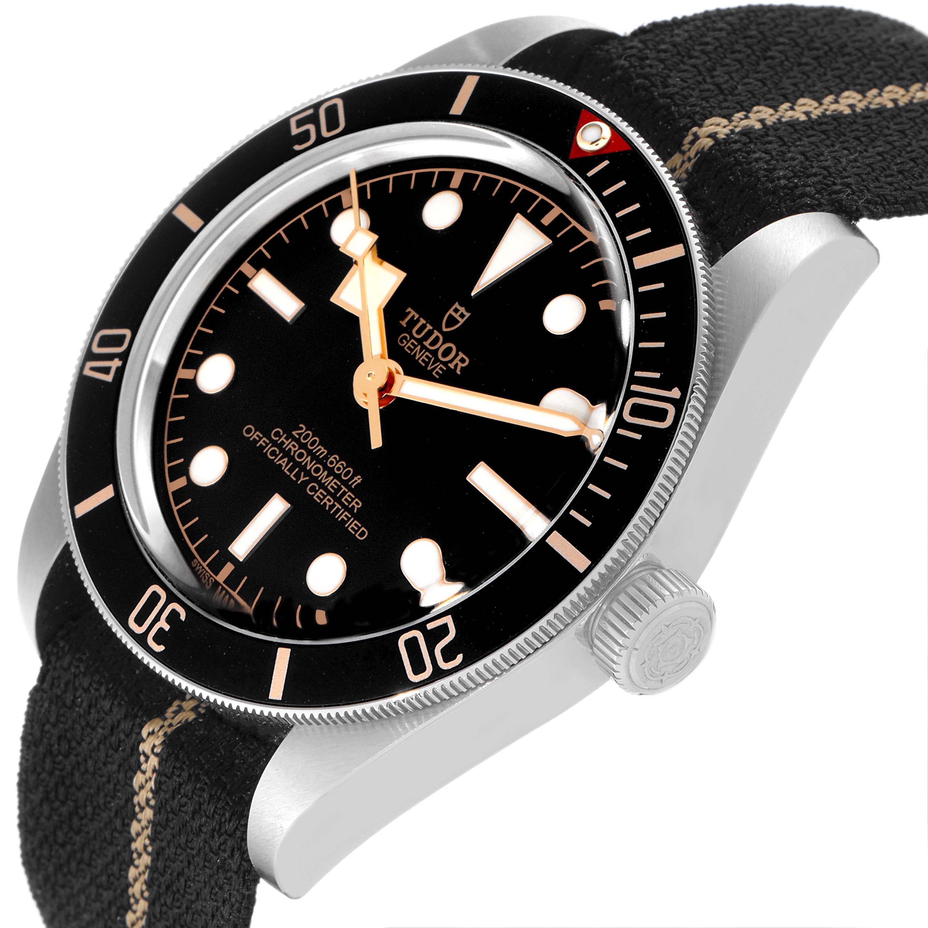 This image shows a close-up side angle of the Tudor Heritage Black Bay 79030N Men
s Stainless Steel Black Dial 79030N Men
s Stainless Steel Black Dial watch, featuring its dial, bezel, and crown.