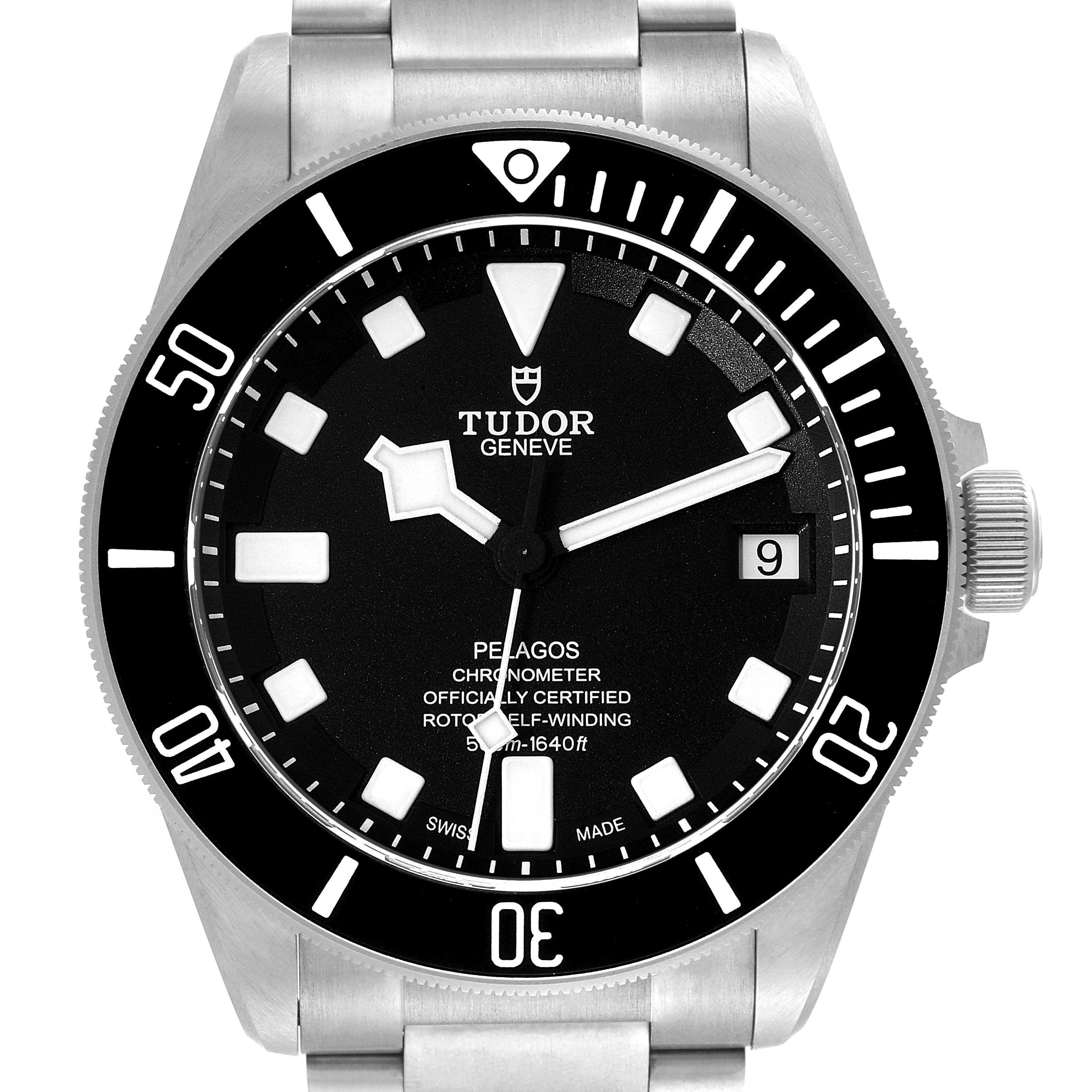 The image shows a front view of the Tudor Pelagos M25600TN-0001 Men's Titanium Black Dial M25600TN-0001 Men's Titanium Black Dial watch, displaying the face, bezel, and part of the bracelet.