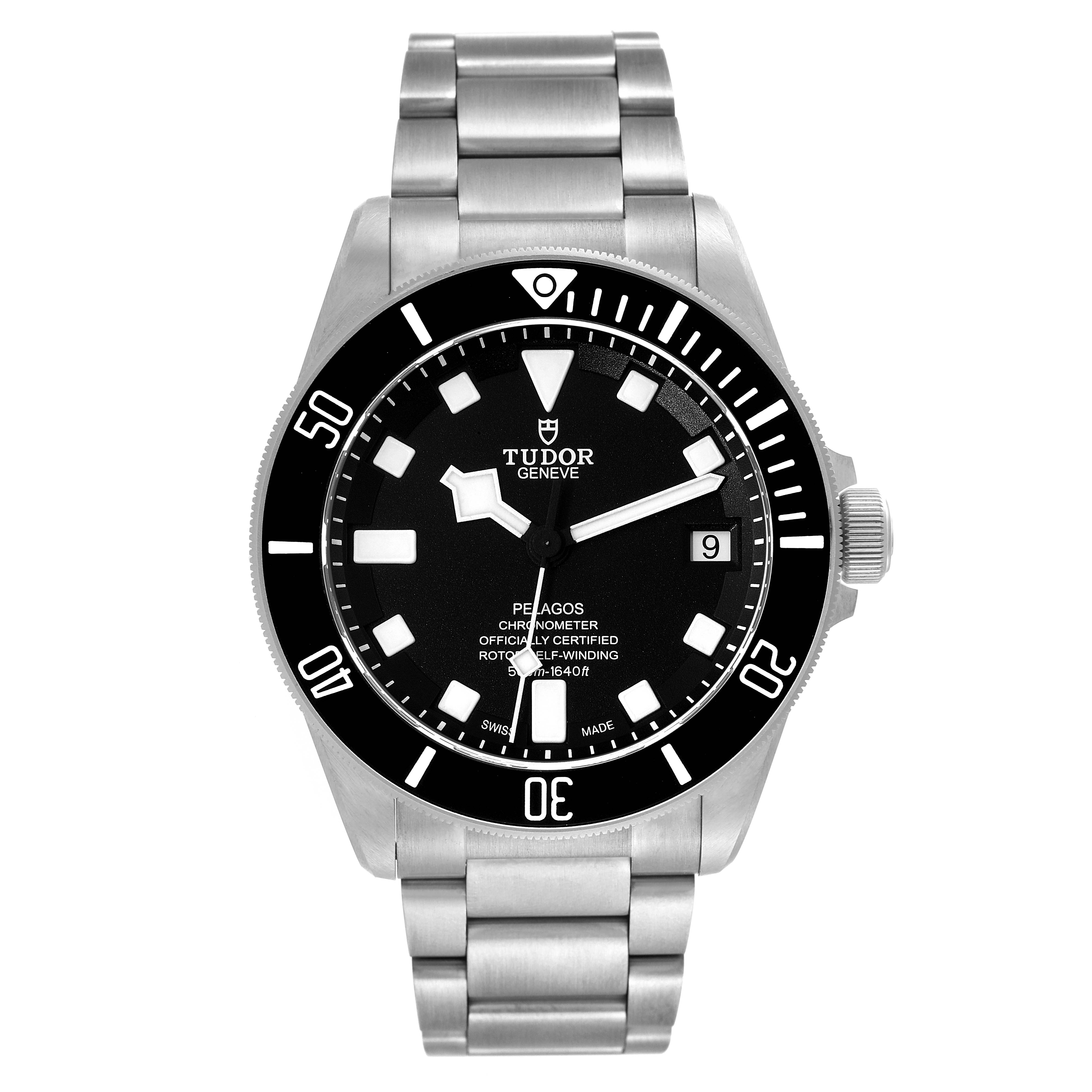 This image shows a front view of a Tudor Pelagos M25600TN-0001 Men's Titanium Black Dial M25600TN-0001 Men's Titanium Black Dial watch, displaying its face, bezel, case, crown, and stainless steel bracelet.