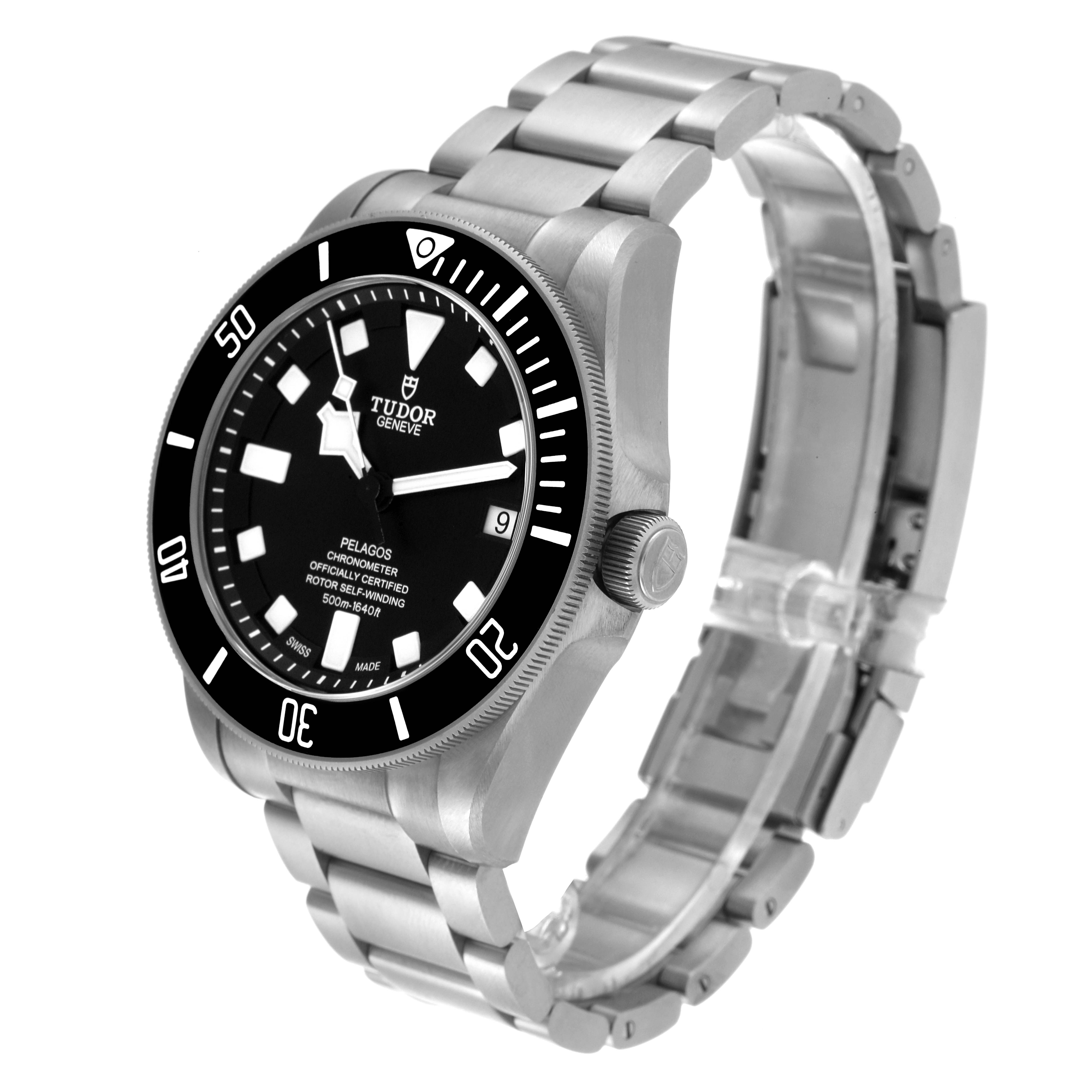 The image shows a Tudor Pelagos M25600TN-0001 Men's Titanium Black Dial M25600TN-0001 Men's Titanium Black Dial watch at a slight angle, showcasing its face, bezel, crown, and metal bracelet.