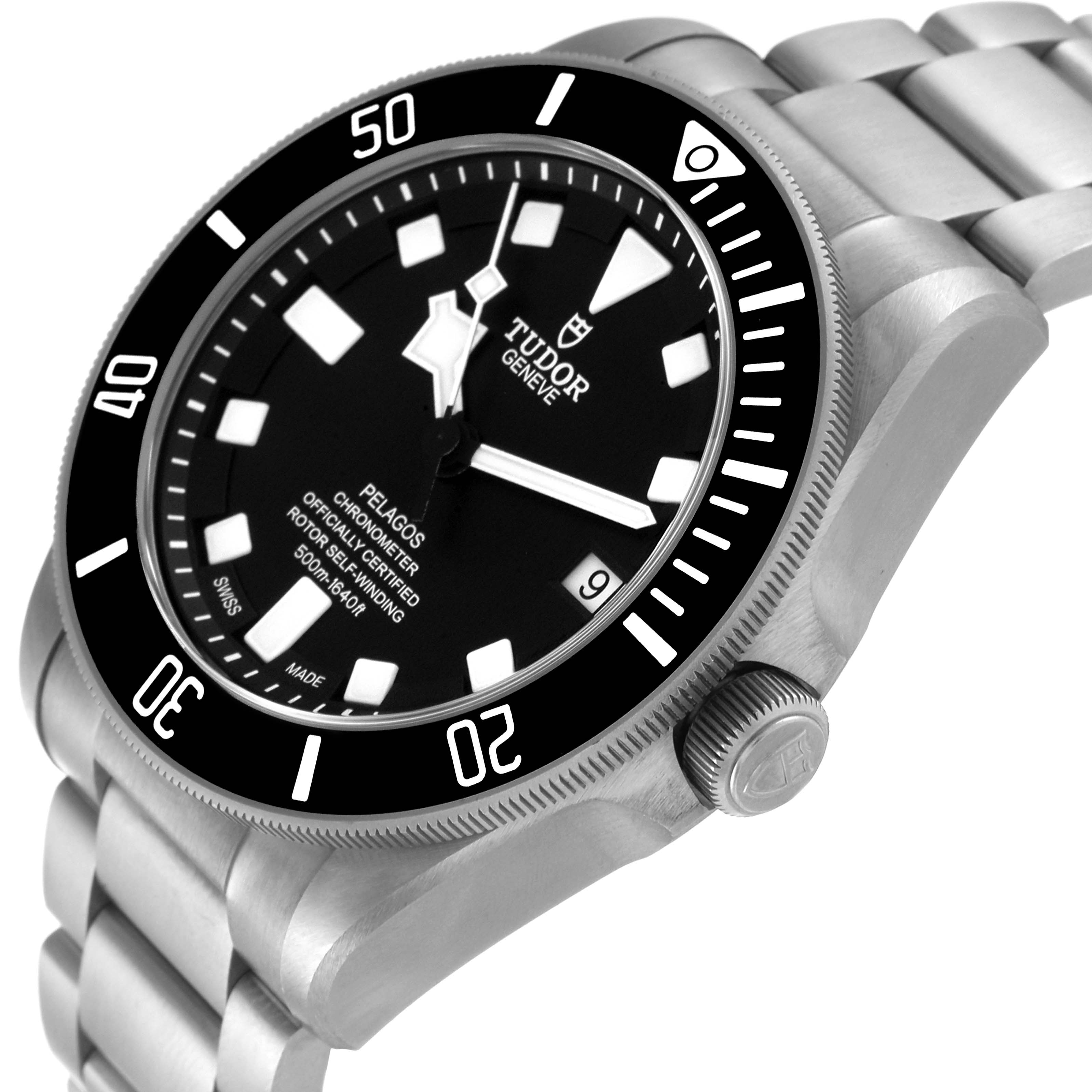 The image shows the Tudor Pelagos M25600TN-0001 Men's Titanium Black Dial M25600TN-0001 Men's Titanium Black Dial watch at an angled view, featuring its black dial, bezel, crown, and part of its bracelet.